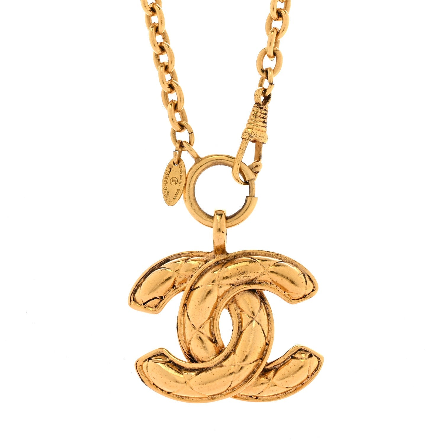 Metal Quilted CC Long Necklace Gold