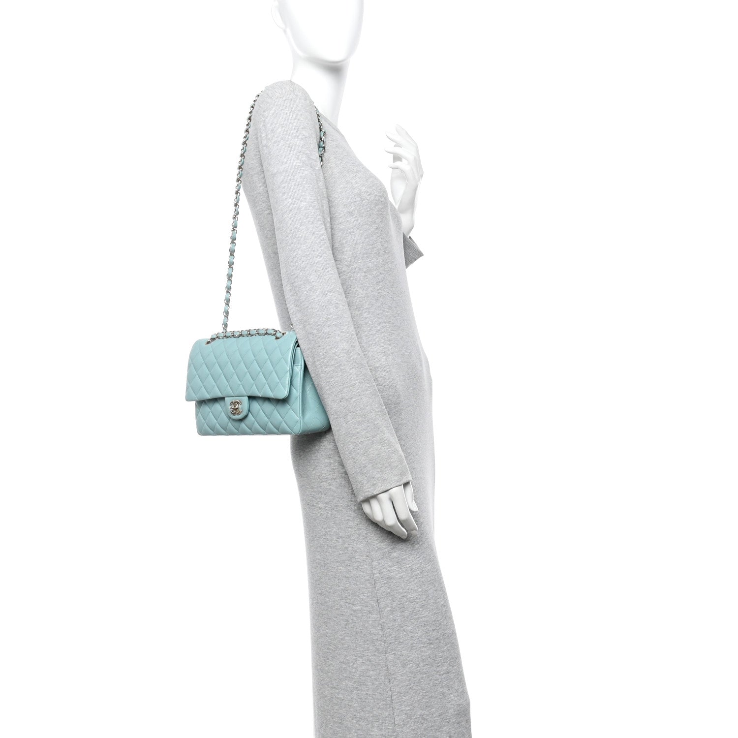 Caviar Quilted Medium Double Flap Light Blue