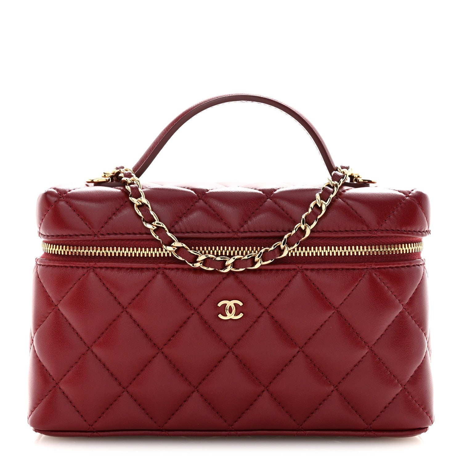 Lambskin Quilted Top Handle Slim Vanity With Chain Burgundy