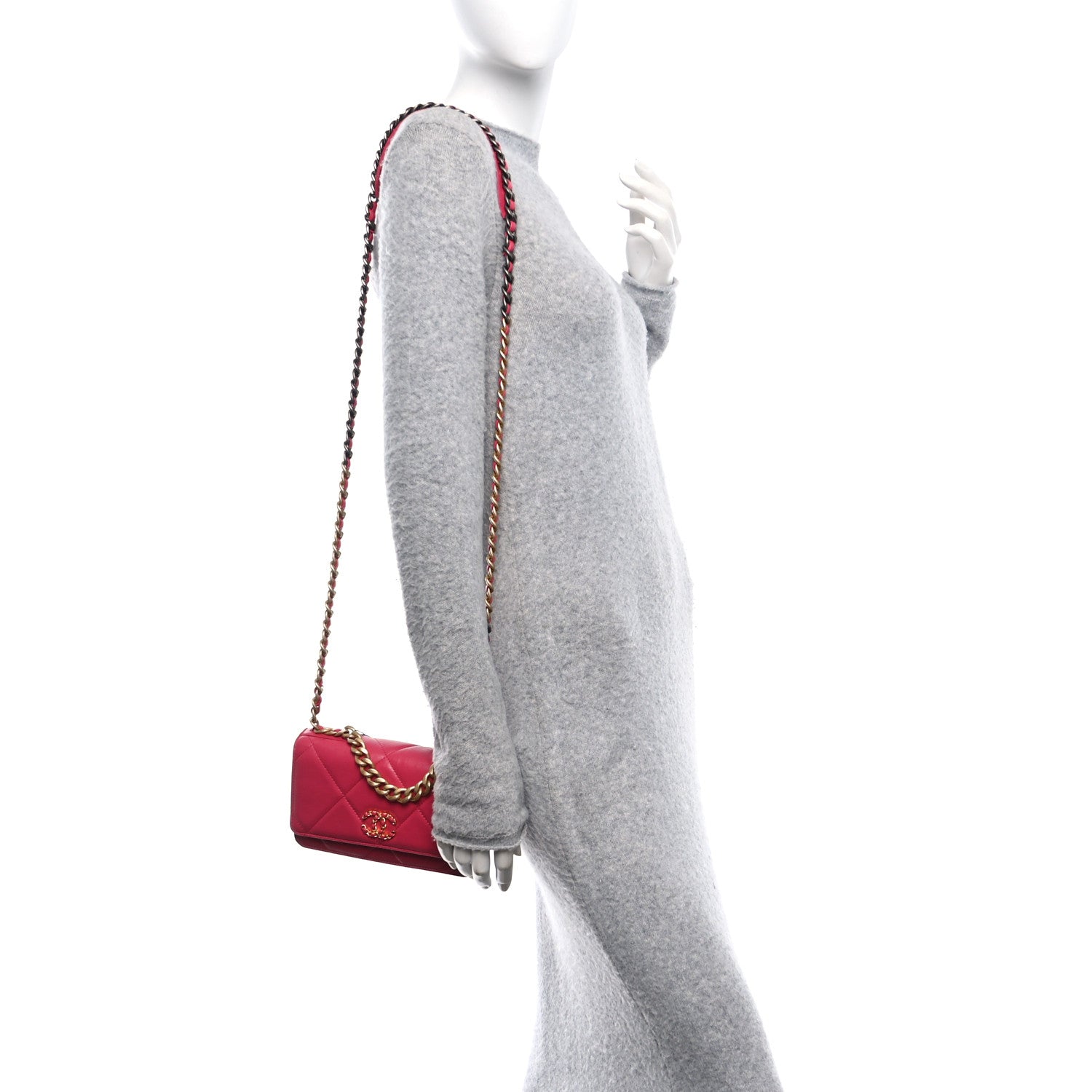 Shiny Goatskin Quilted Chanel 19 Wallet On Chain WOC Pink