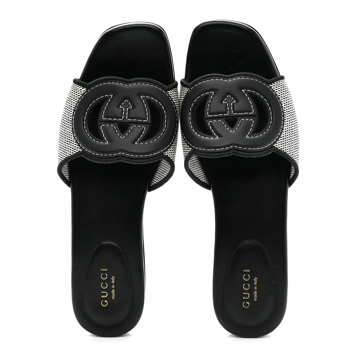 Cosmo Softy Calfskin Canvas Interlocking G Cut Out Slide Sandals 37.5 Natural Black