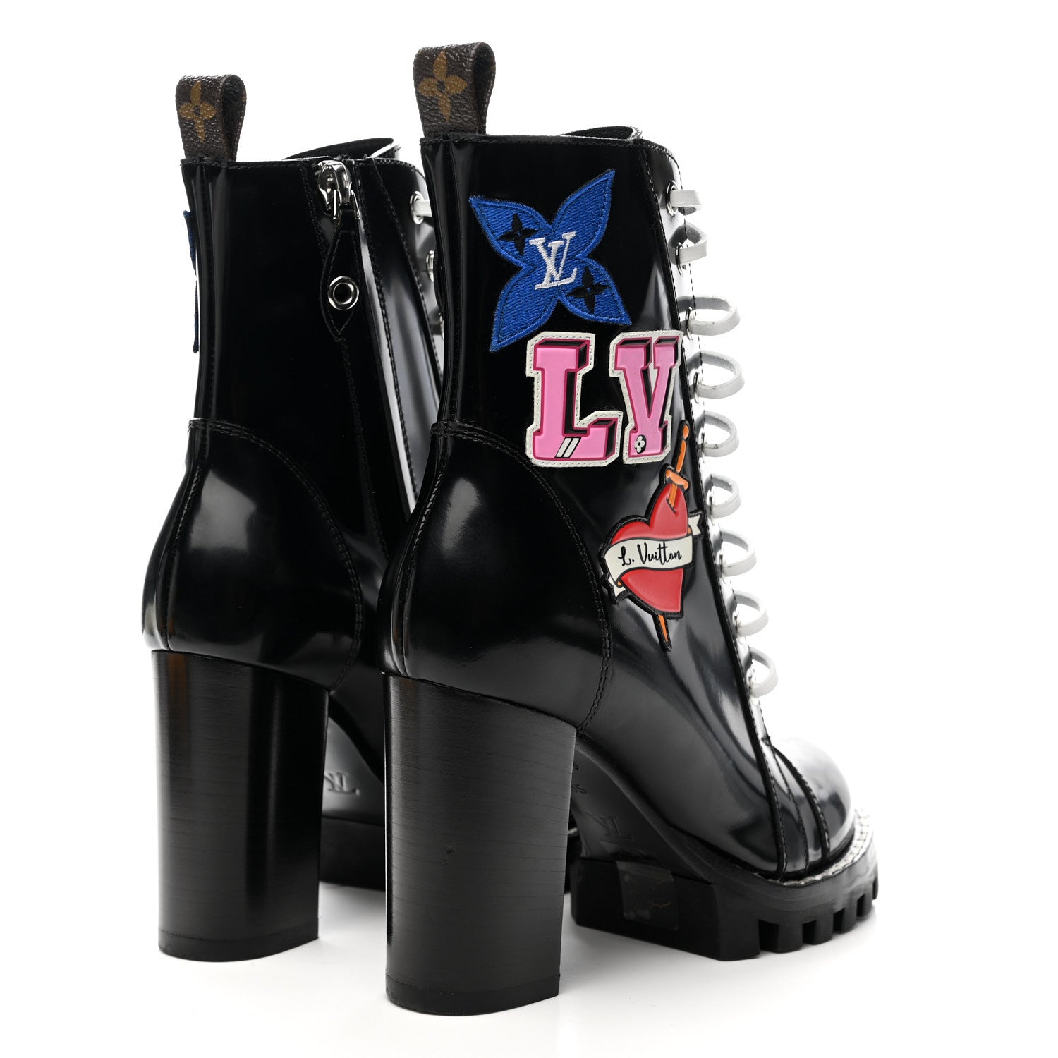 Patent Calfskin Monogram LV Black Heart Star Trail Ankle Boots 35 Black