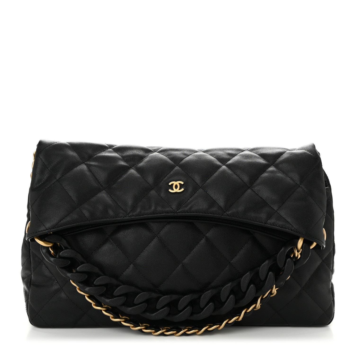 Caviar Quilted Fold Over Hobo Black