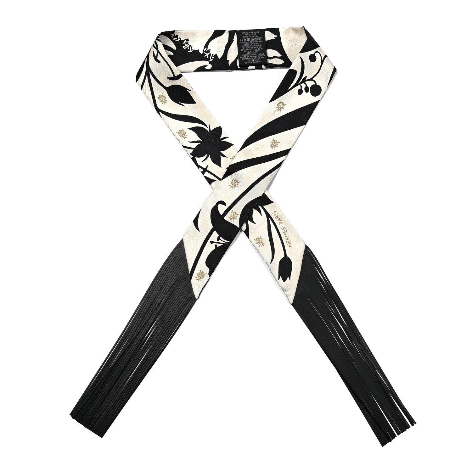 Silk Calfskin Bouquet Final Fringed Twilly Creme Black