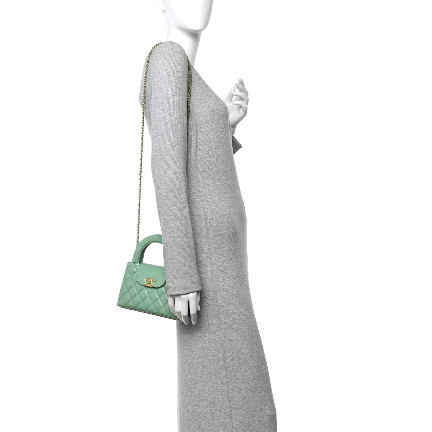 Shiny Aged Calfskin Quilted Nano Kelly Shopper Light Green