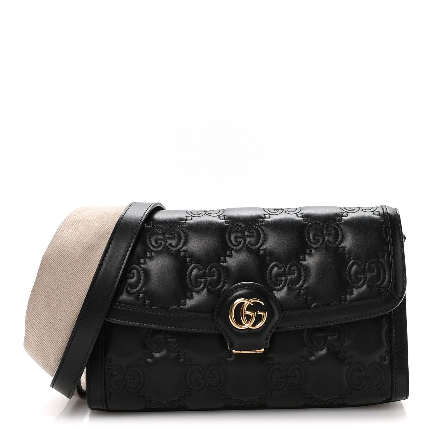 Calfskin GG Matelasse Small Flap Shoulder Bag Black Natural