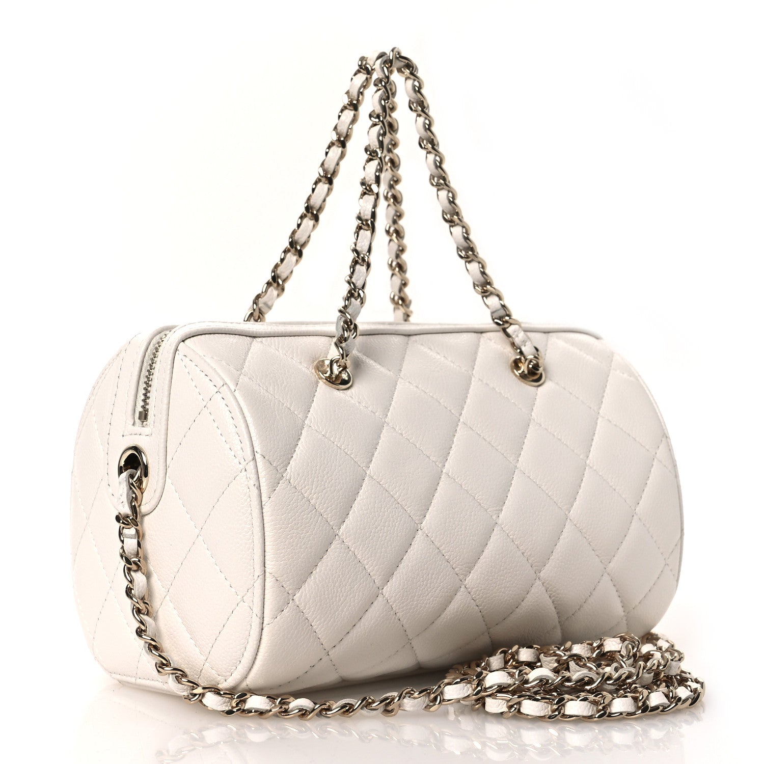 Caviar Quilted Barrel Clutch With Chain White