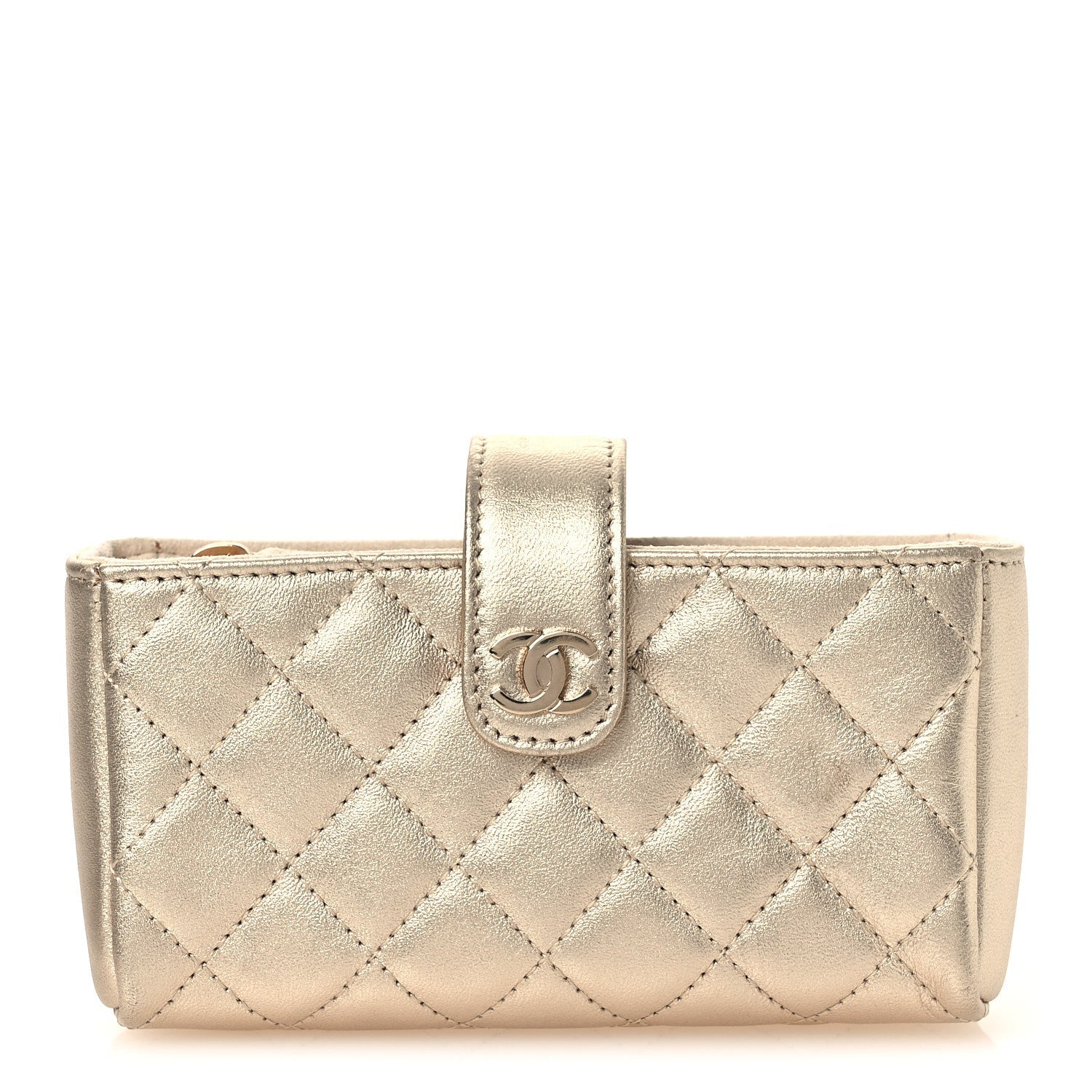 Metallic Lambskin Quilted Mini Phone Holder Clutch Light Gold