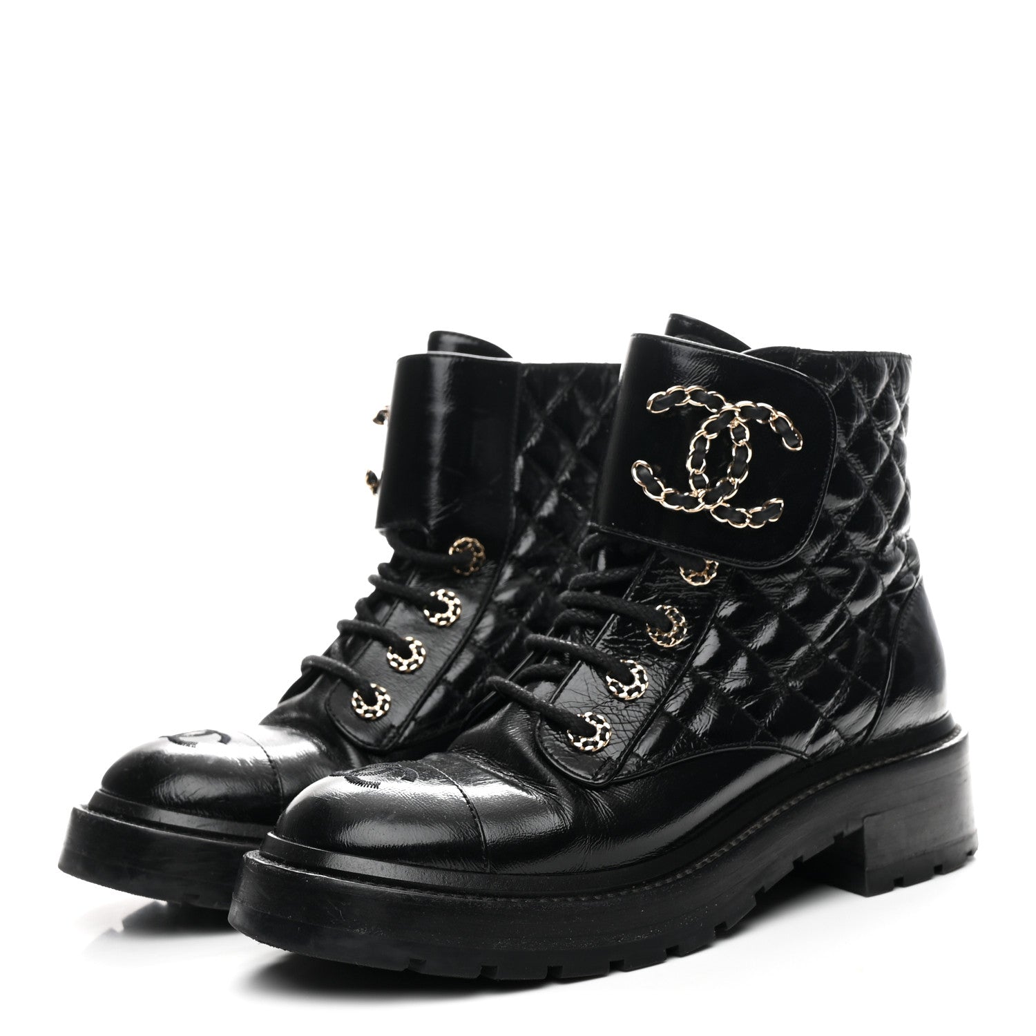 Shiny Goatskin Calfskin Quilted Lace Up Combat Boots 37 Black