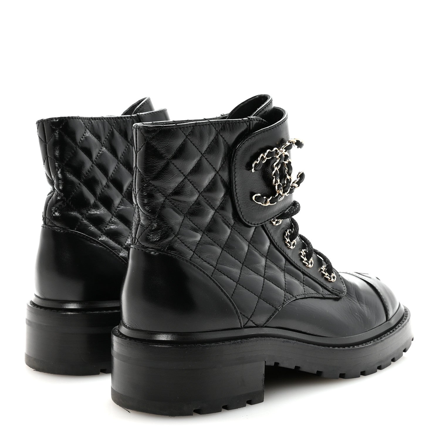 Shiny Calfskin Quilted Lace Up Combat Boots 37.5 Black