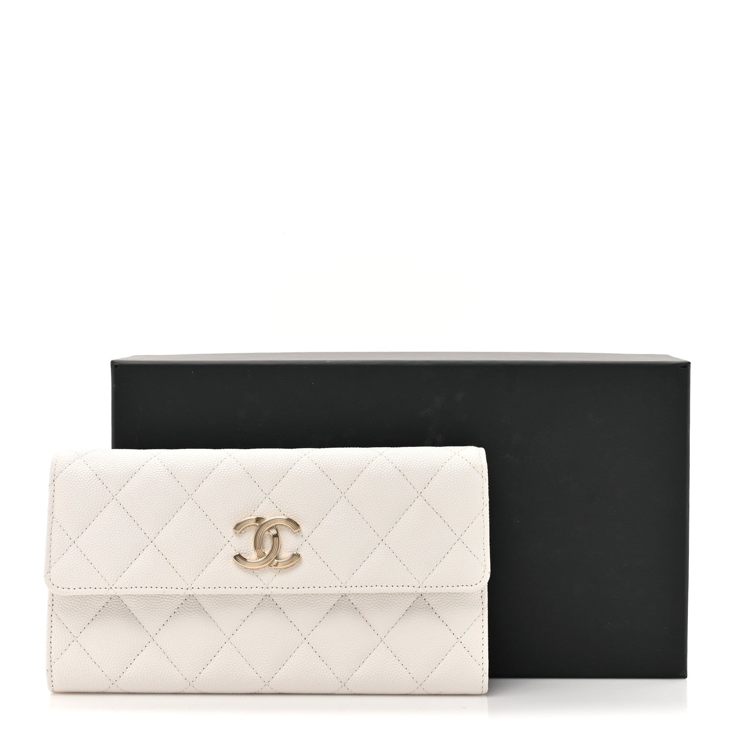 Caviar Quilted Striated CC Large Gusset Flap Wallet White