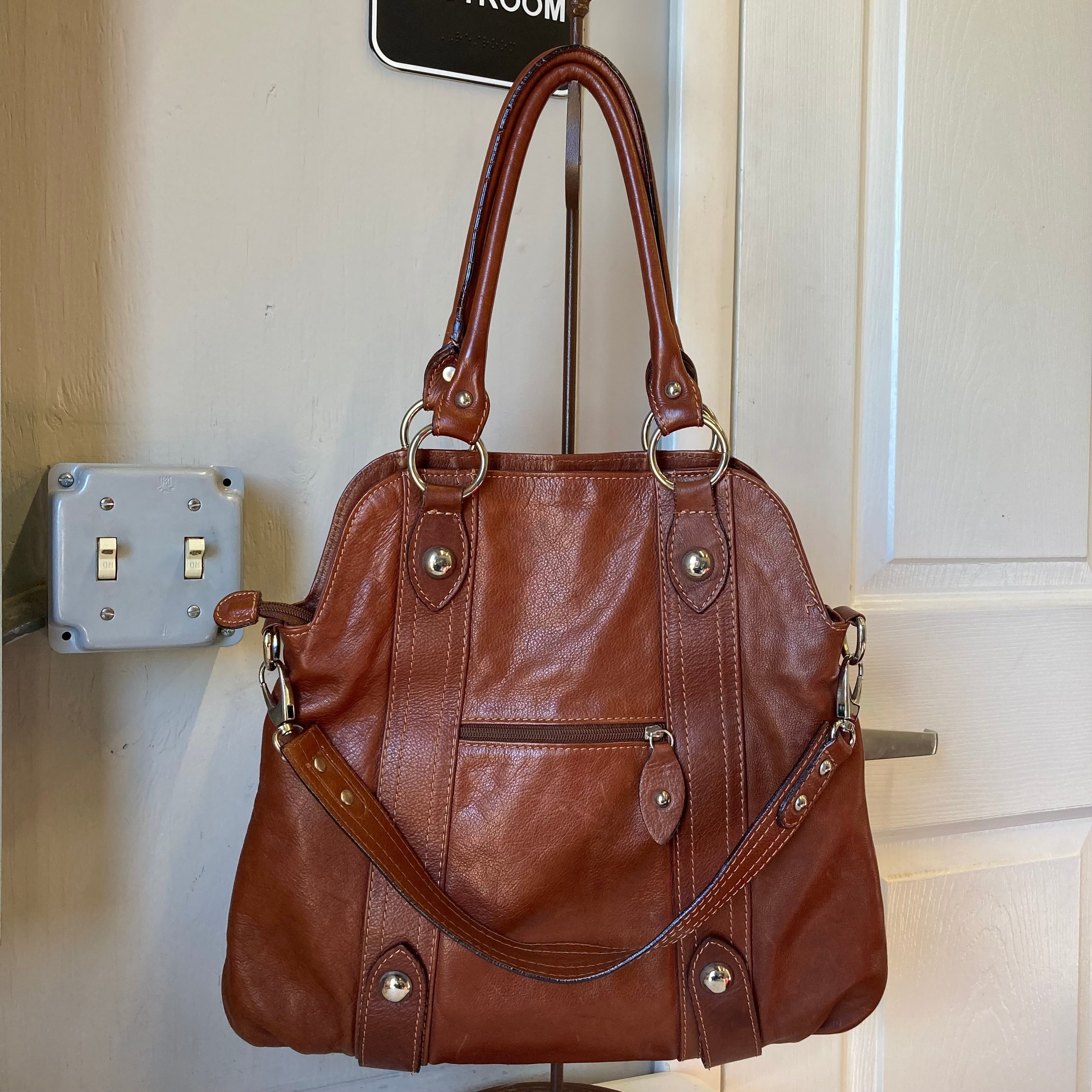 Handbag Leather In Brown, Size:Medium