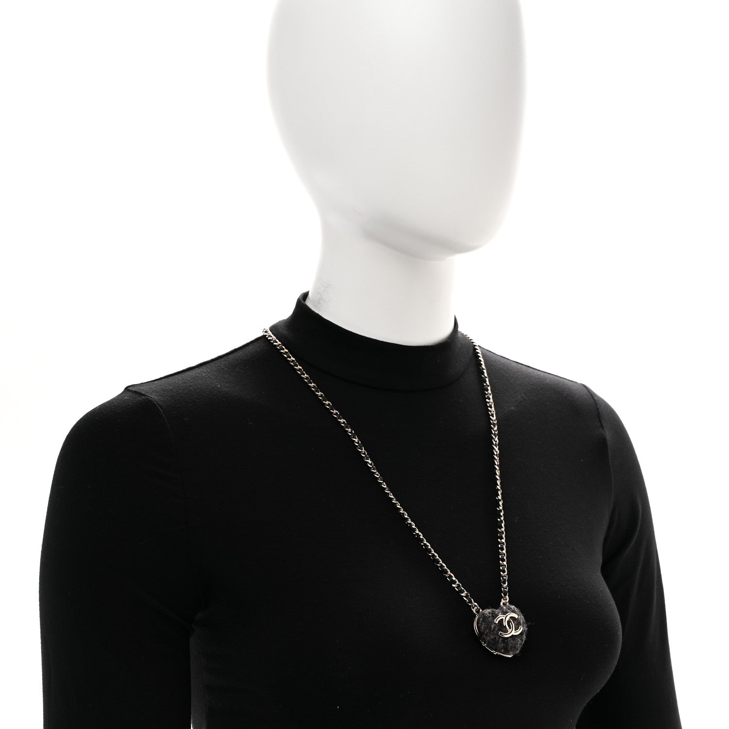 Tweed Lambskin CC Heart Locket Necklace Gold Black Beige