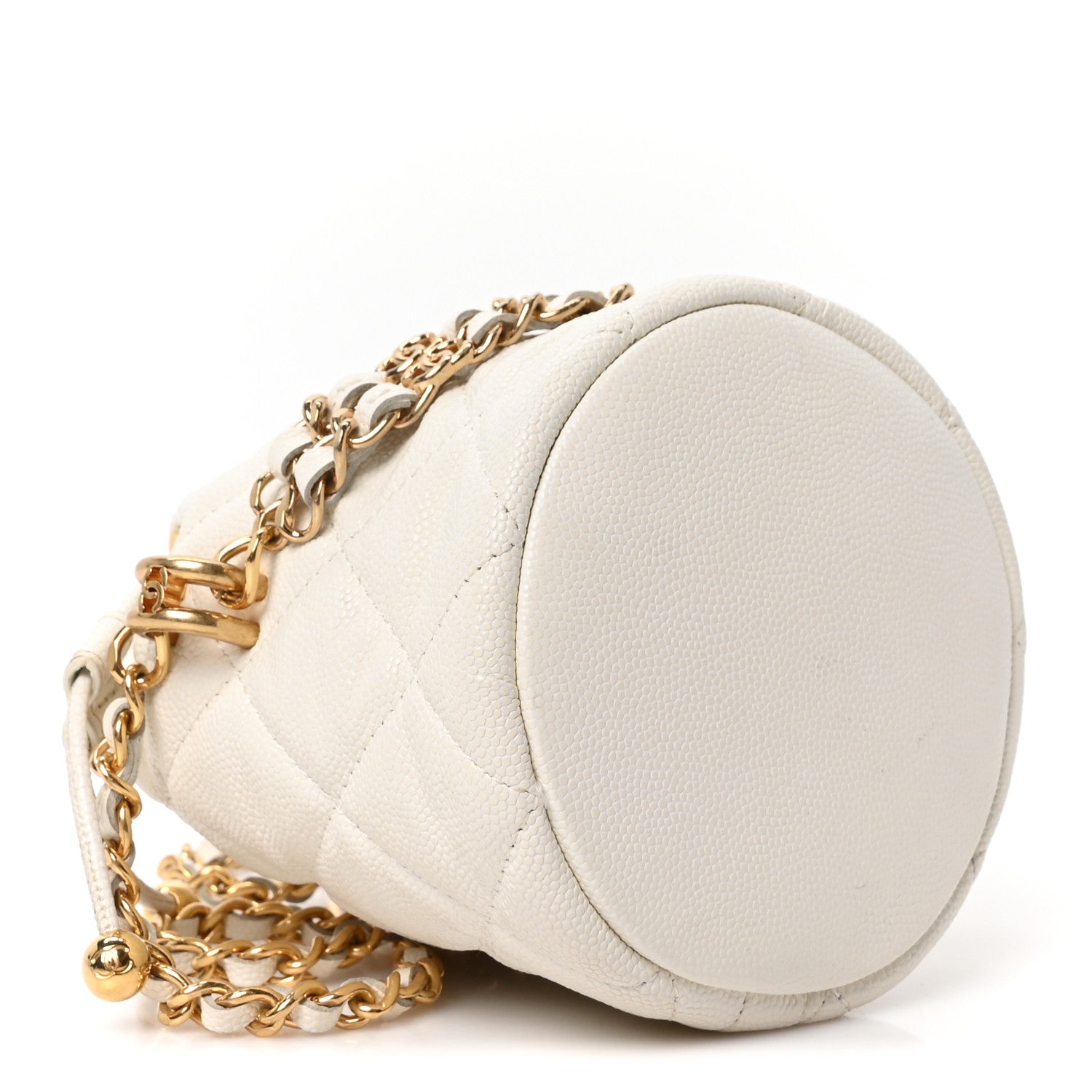 Caviar Quilted Coco First Bucket Clutch With Chain White