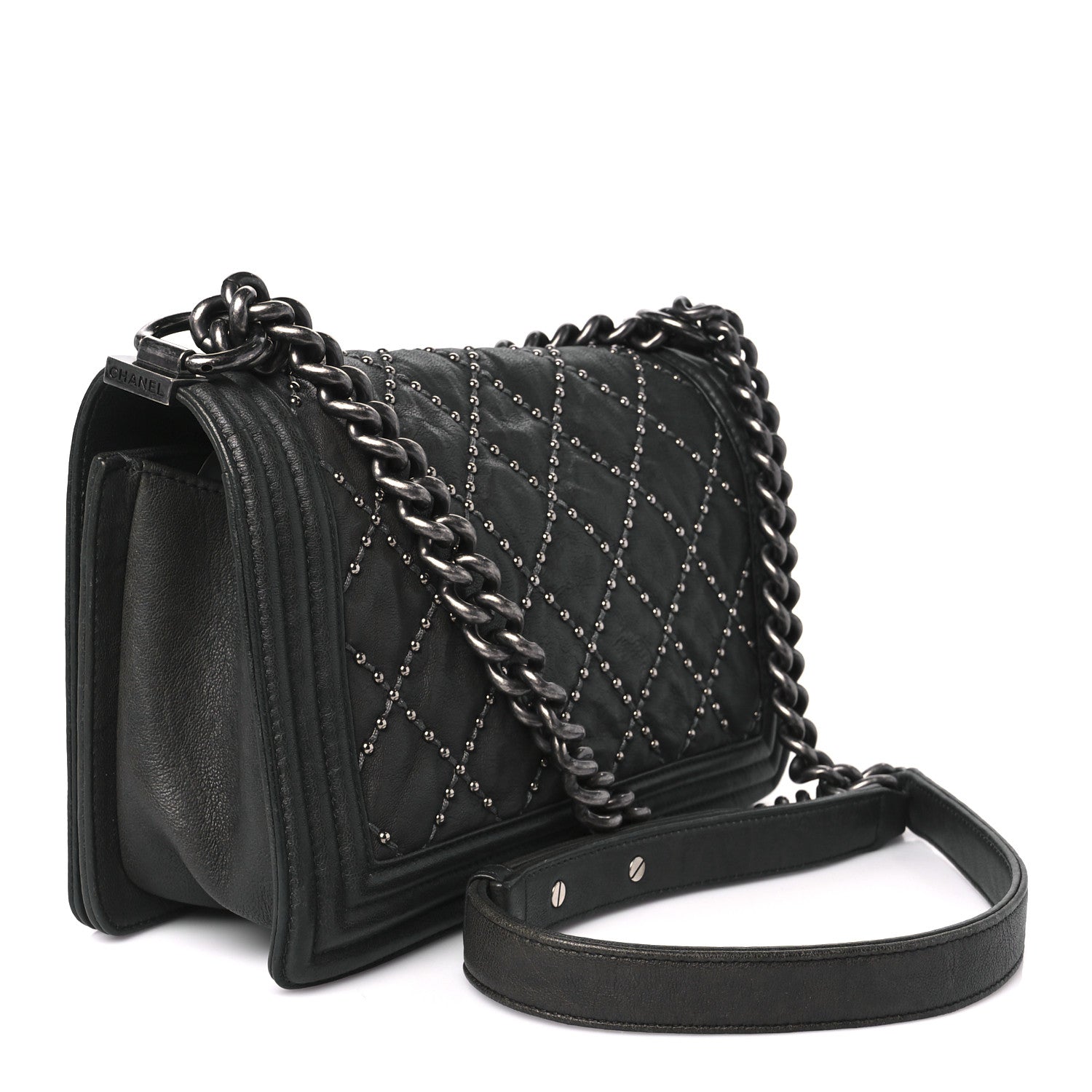 Crumpled Lambskin Medium Studded Boy Flap Black