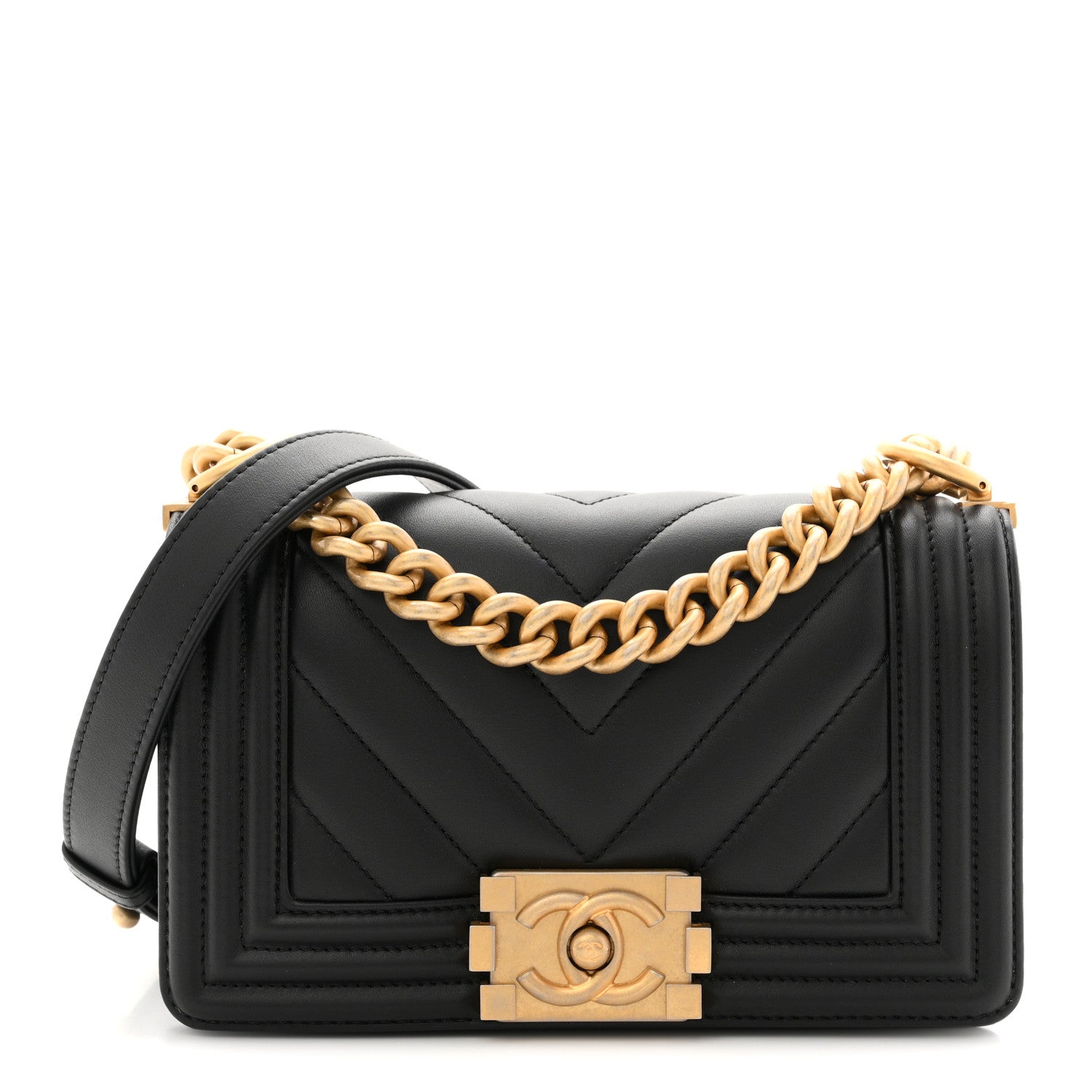 Calfskin Chevron Quilted Small Boy Flap Black