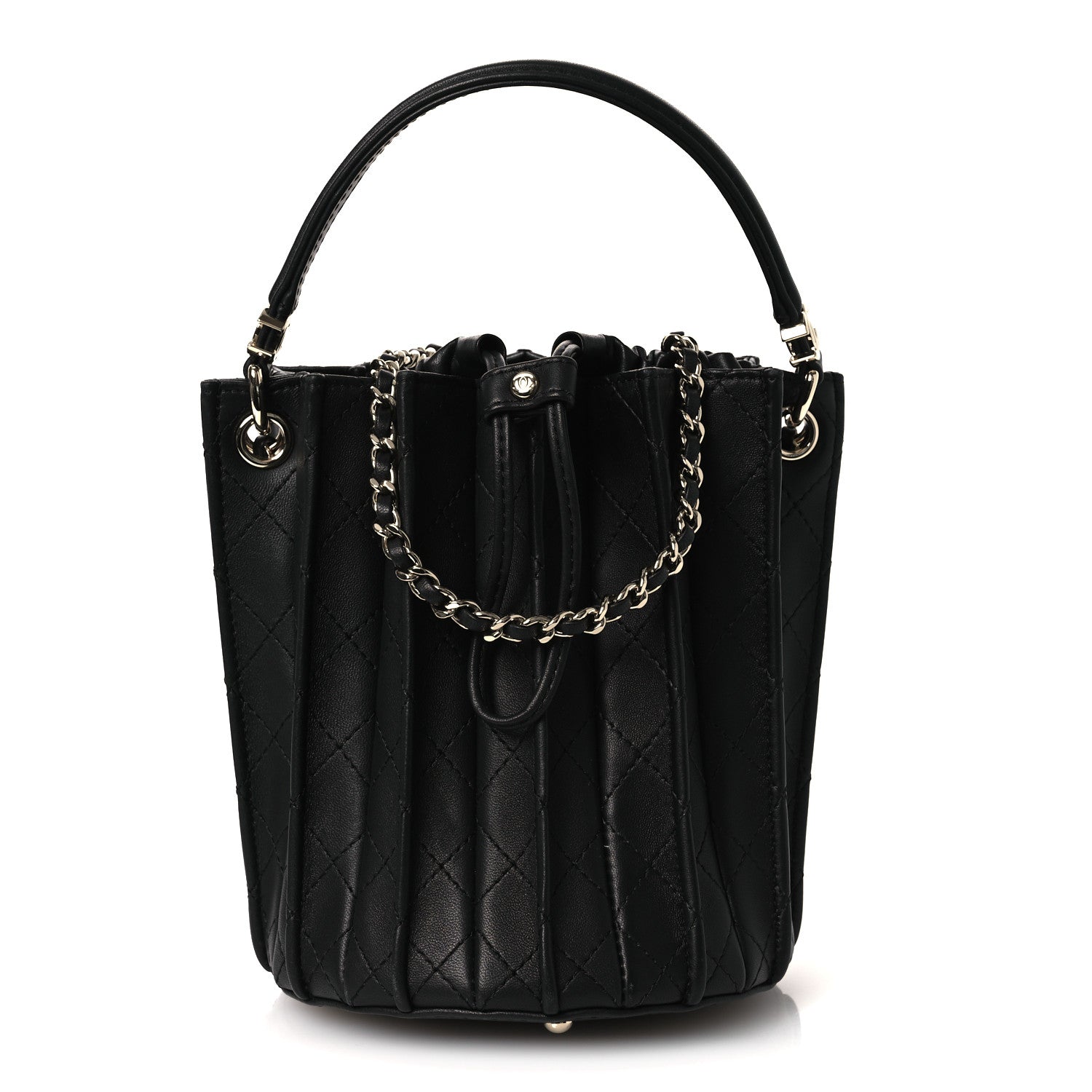 Calfskin Quilted Pleated Bucket Bag Black
