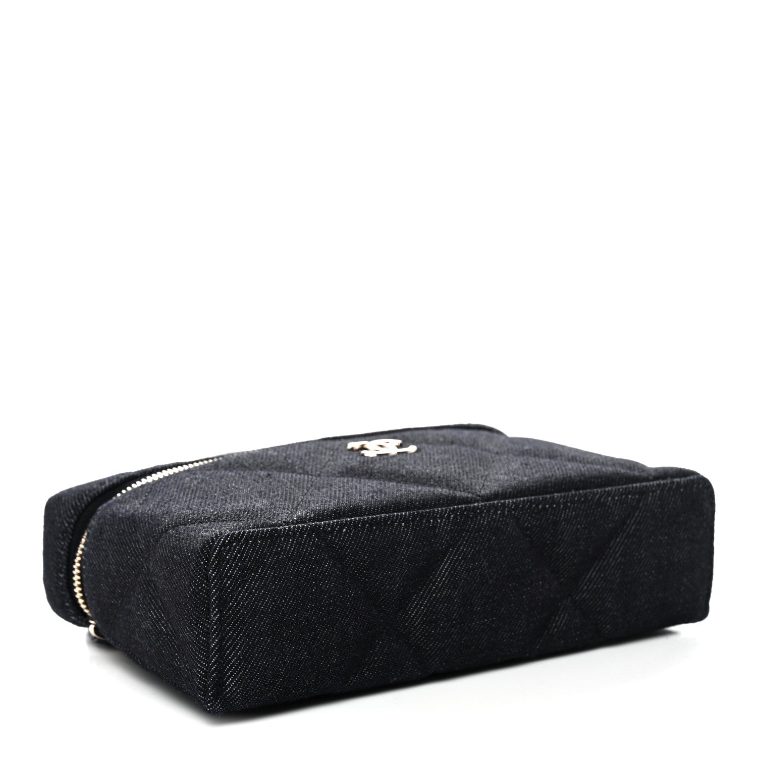 Denim Quilted Top Handle Slim Vanity Case With Chain Dark Blue