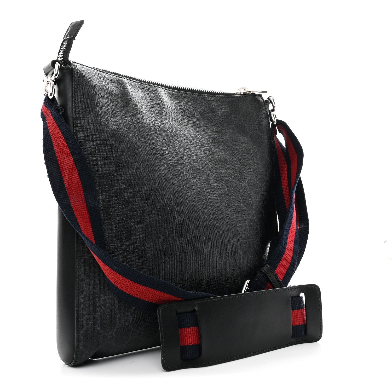GG Supreme Monogram Appia Calfskin Web Flat Messenger Bag Black Grey