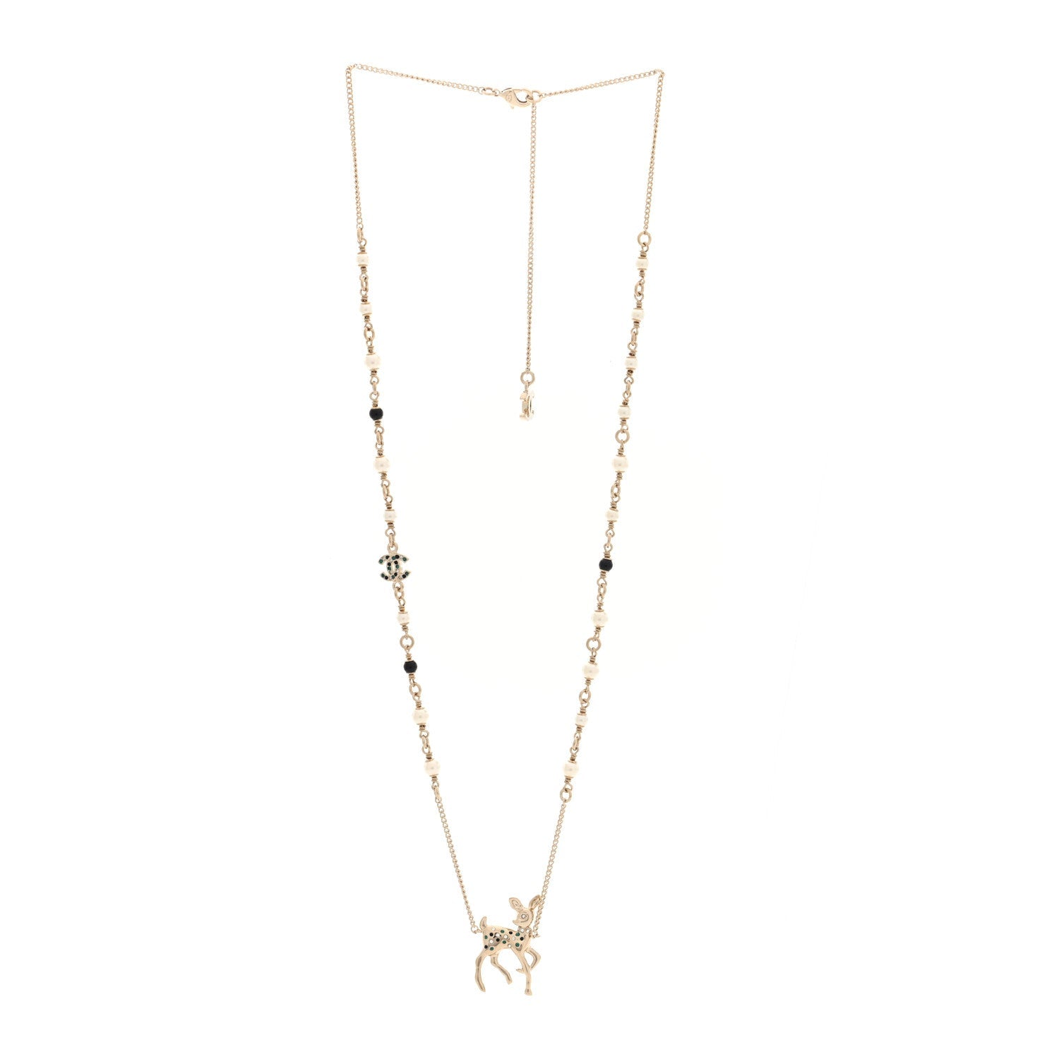 Pearl Crystal CC Deer Long Necklace Gold Green