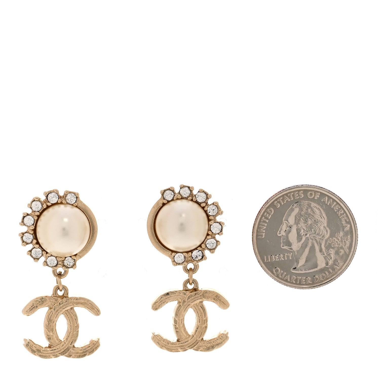 Metal Crystal Pearl CC Feather Earrings Gold
