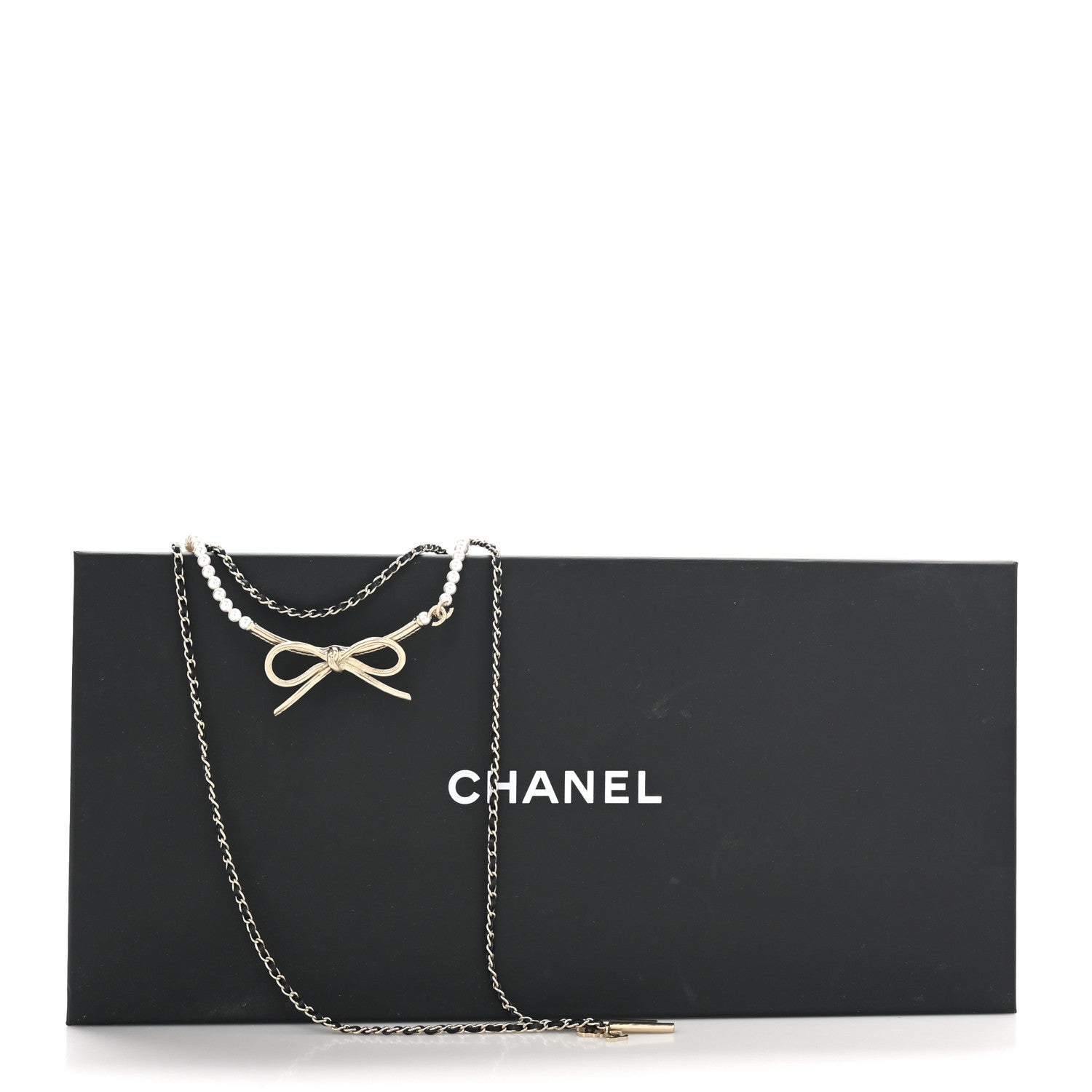 Calfskin Pearl Metal CC Bow Necklace Gold White Black