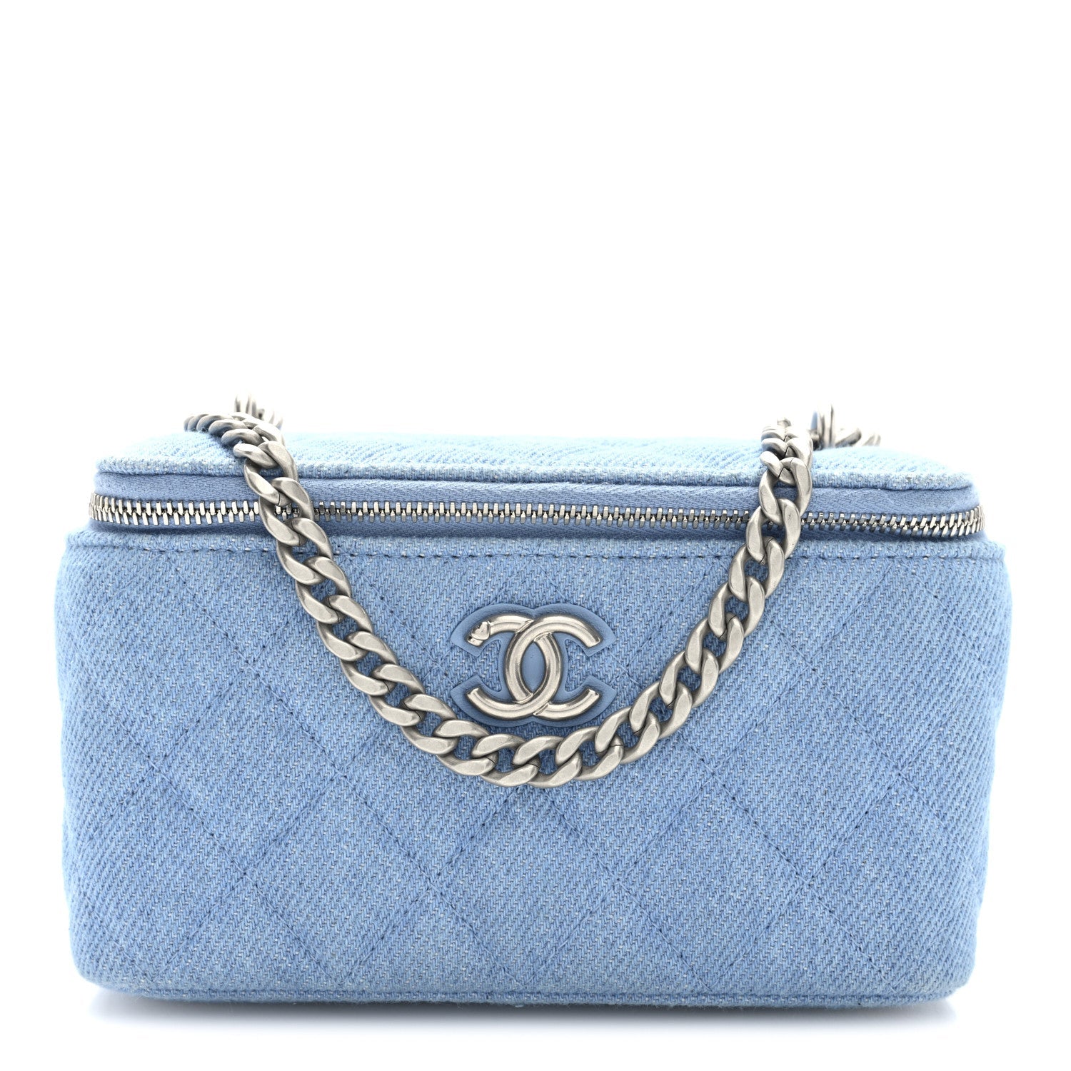Denim Quilted Sweetheart Small Vanity Case With Chain Blue