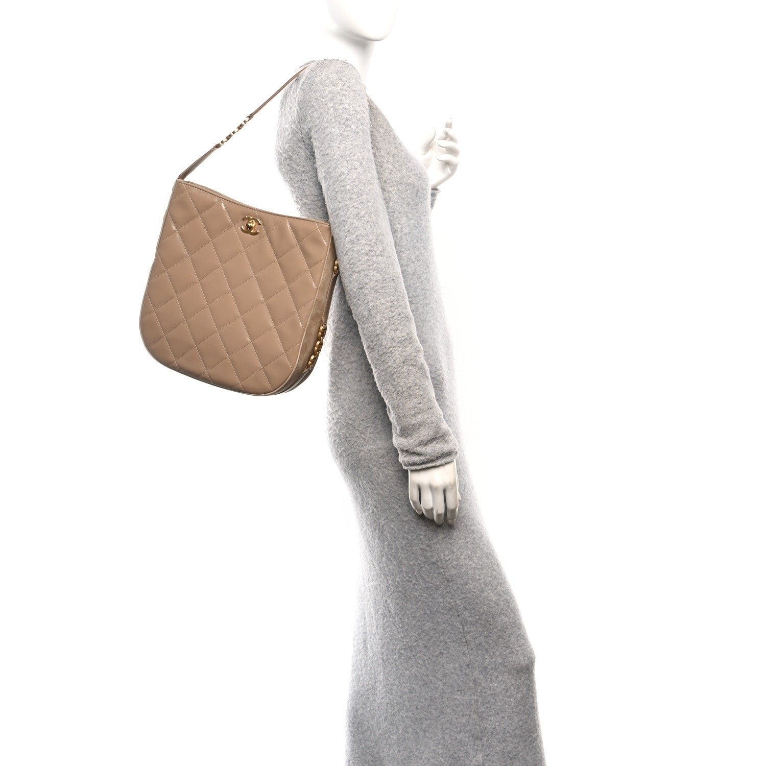 Shiny Calfskin Suede Goatskin Quilted Hobo Beige