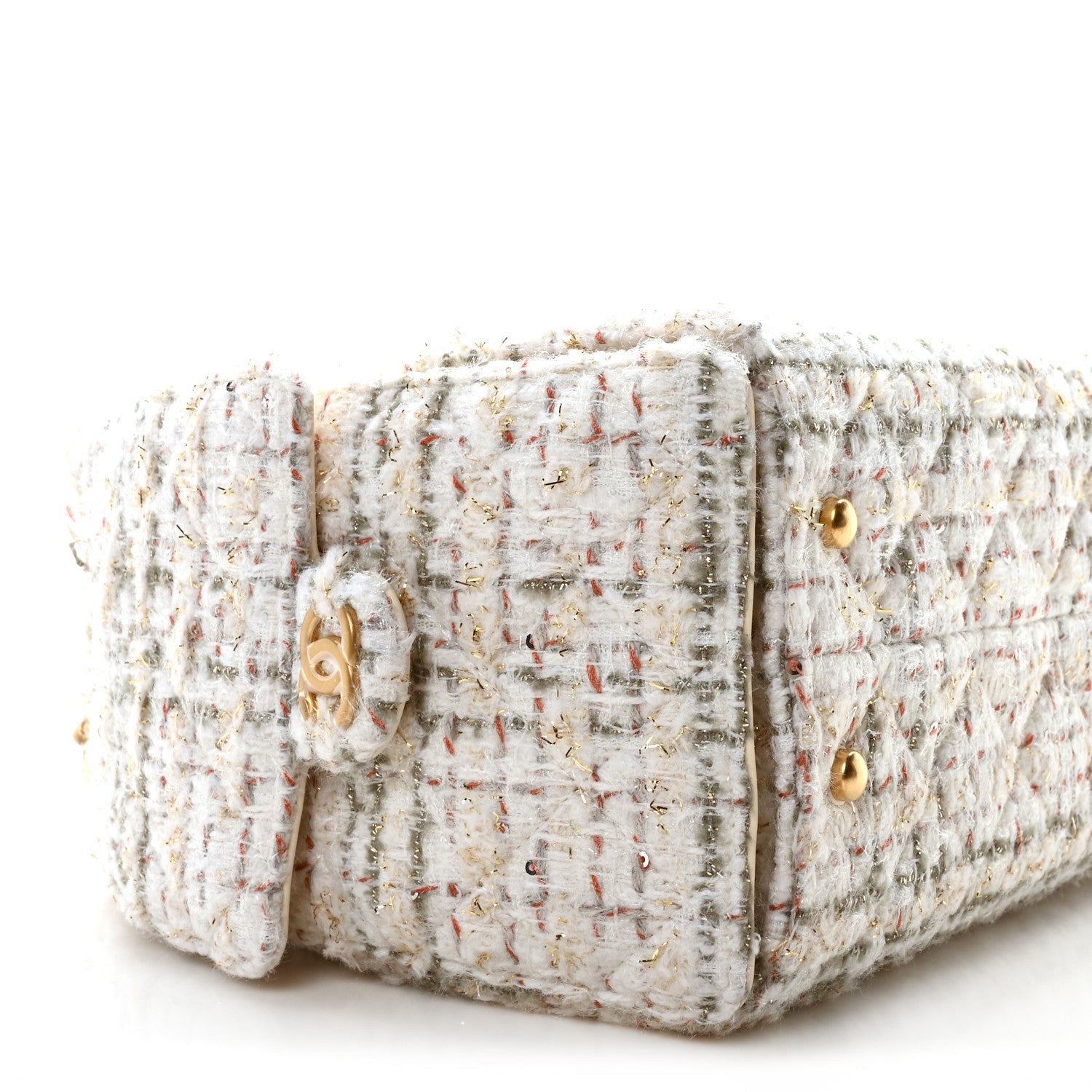 Tweed Quilted Small Chanel 25 Handbag Ecru Khaki Gold Red
