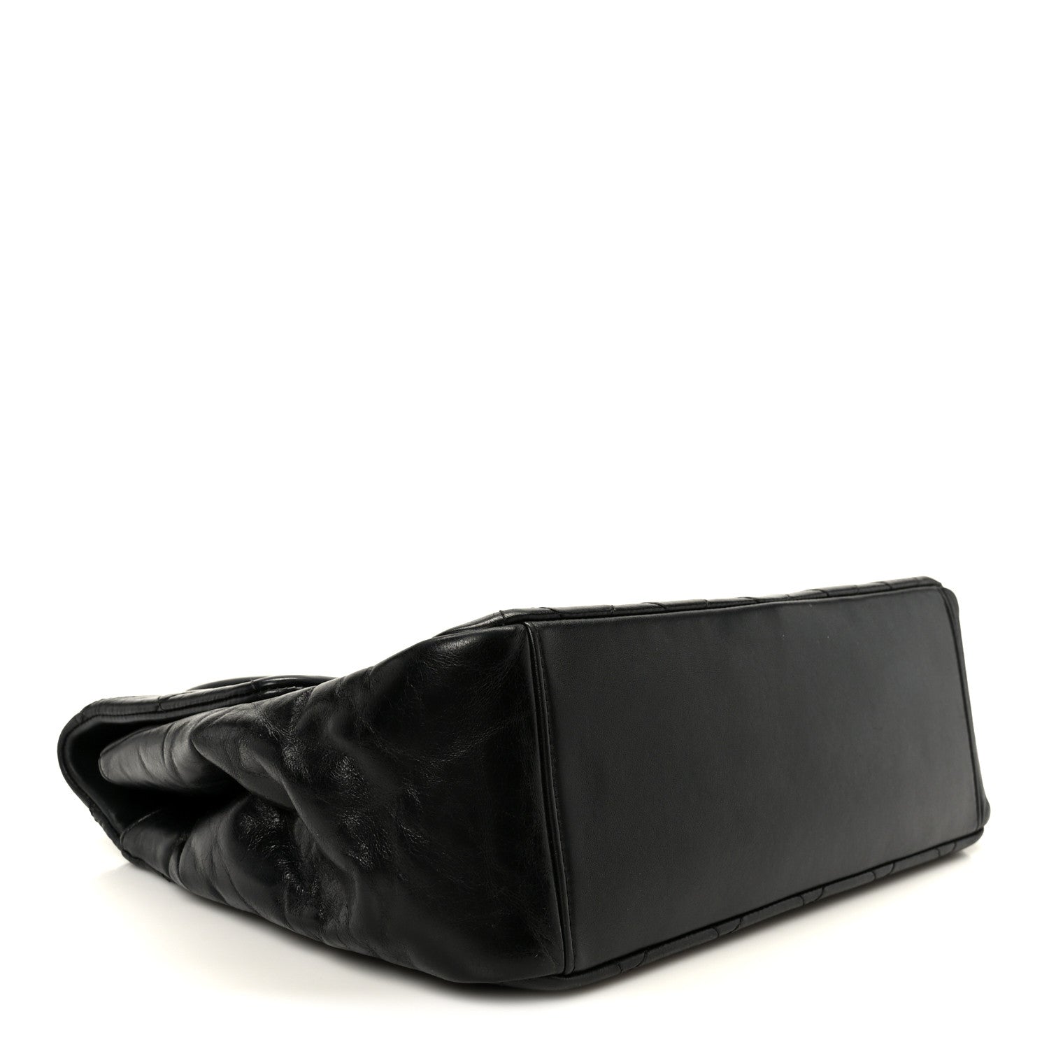 Glazed Calfskin Quilted Large Gold Bar Top Handle Flap Black