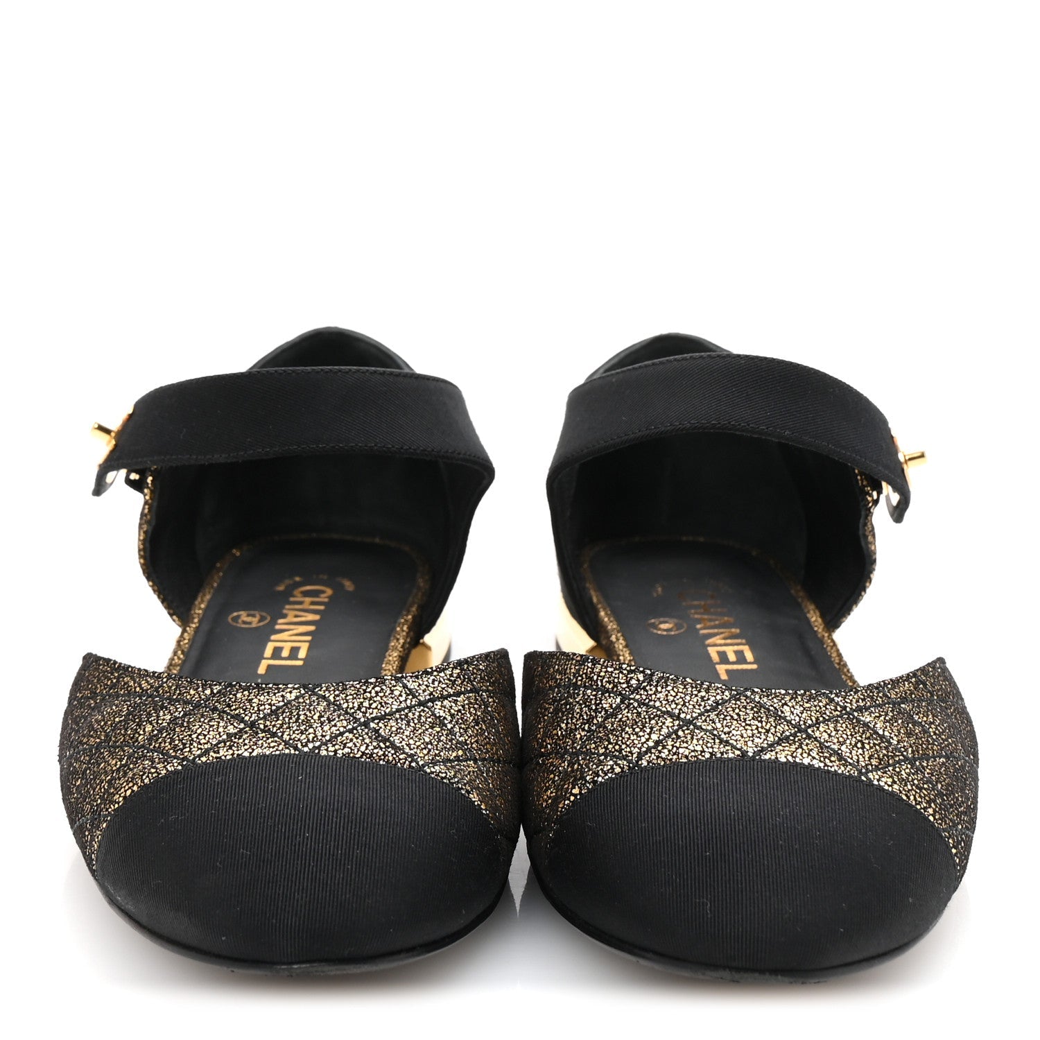 Laminated Suede Kidskin Grosgrain Quilted Cap Toe Ballerina Flats 37.5 Gold Black