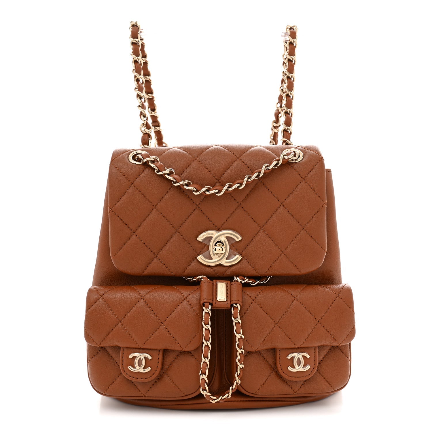 Calfskin Quilted Medium Duma Pockets Drawstring Backpack Light Brown