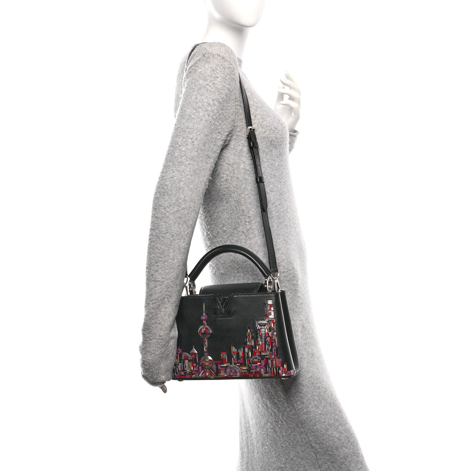 Calfskin Karung Beaded Shanghai Skyline Capucines BB Black