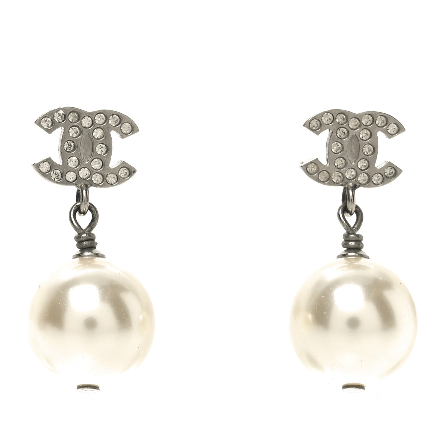 Crystal Pearl CC Drop Earrings Silver