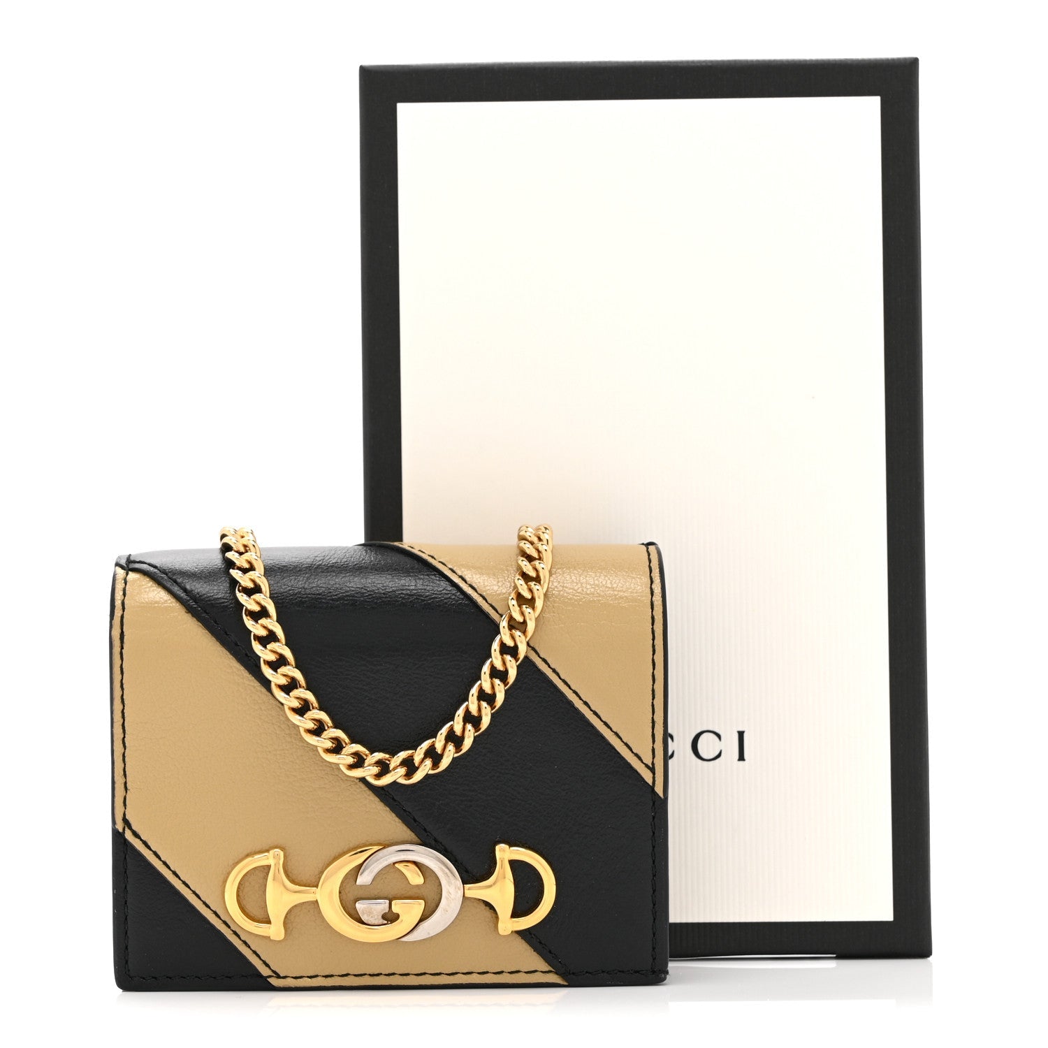 Calfskin Diagonal Striped Zumi Chain Card Case Wallet Black Beige