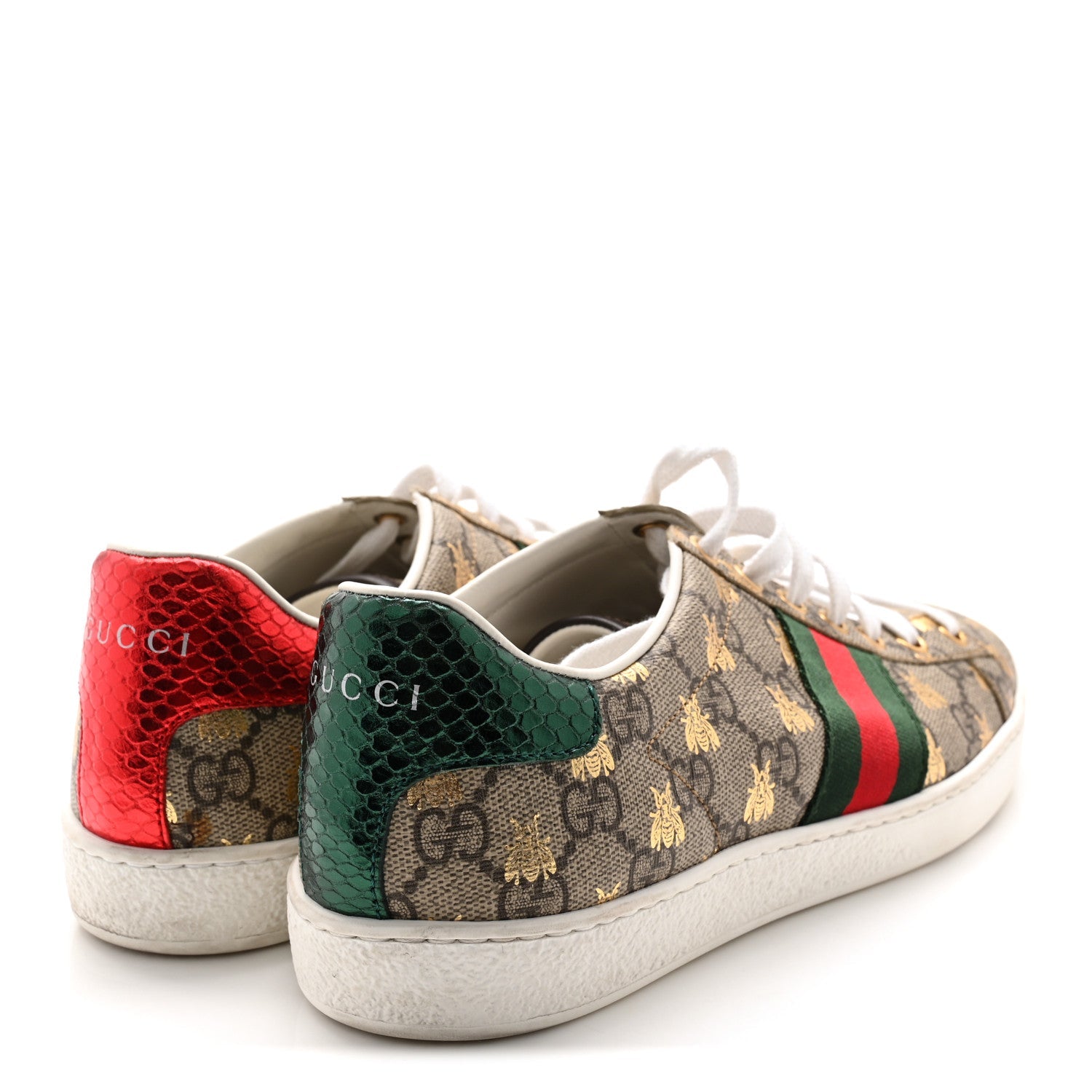 GG Supreme Monogram Bees Ayers Web Womens Ace Sneakers 38.5 Beige Oro Green Red