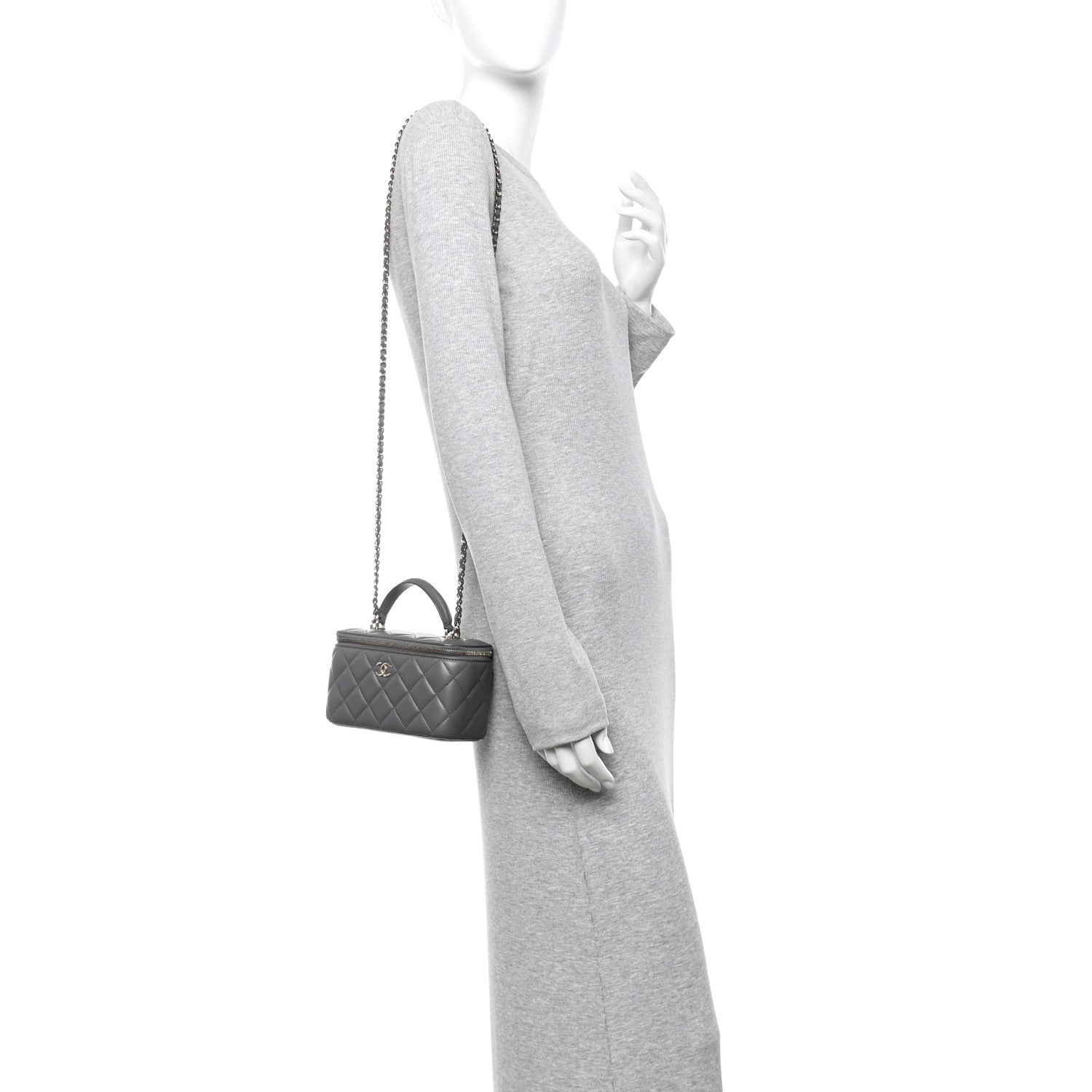 Lambskin Quilted Small Top Handle Vanity Case With Chain Dark Grey
