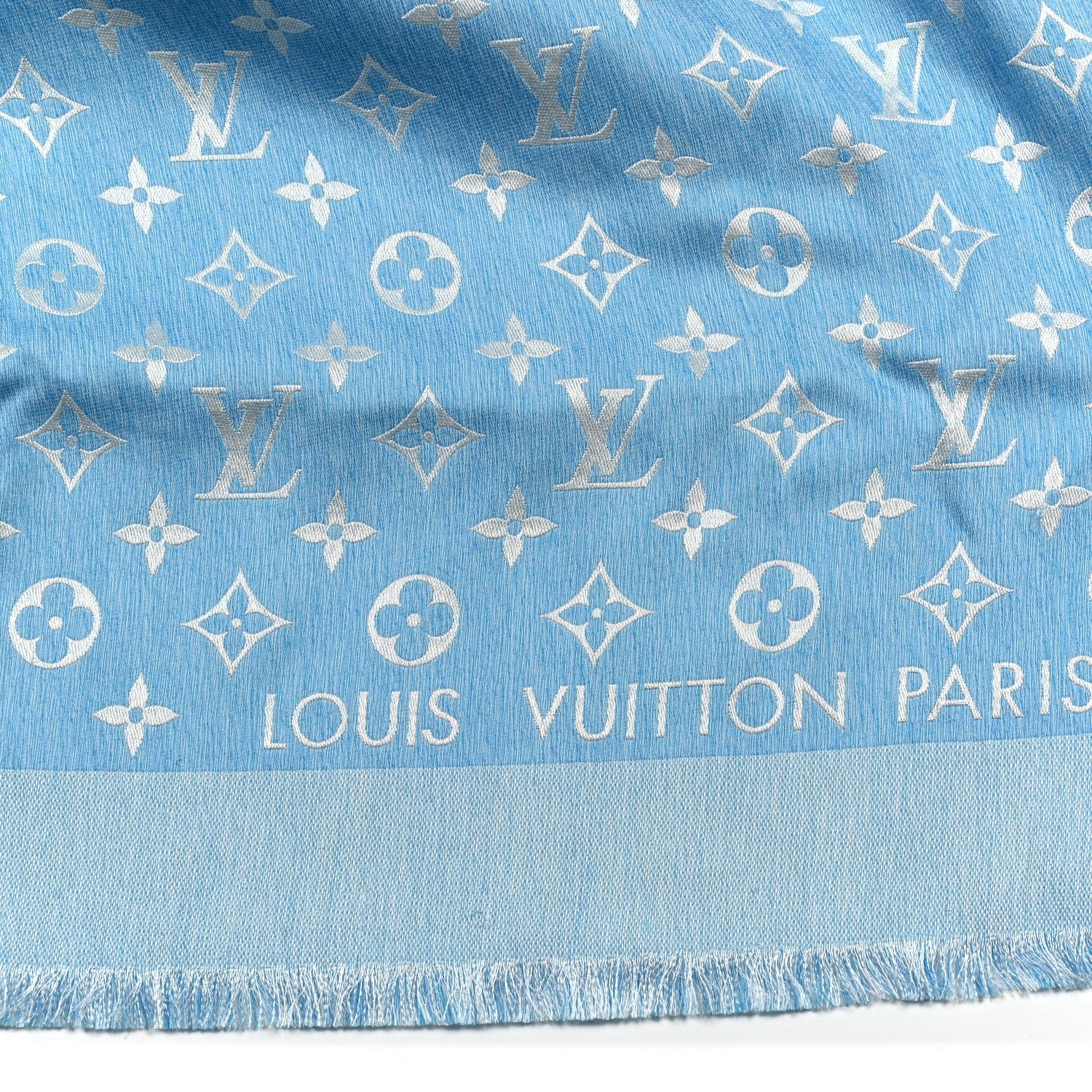 Silk Wool Monogram Denim T-Shirting Shawl Light Blue