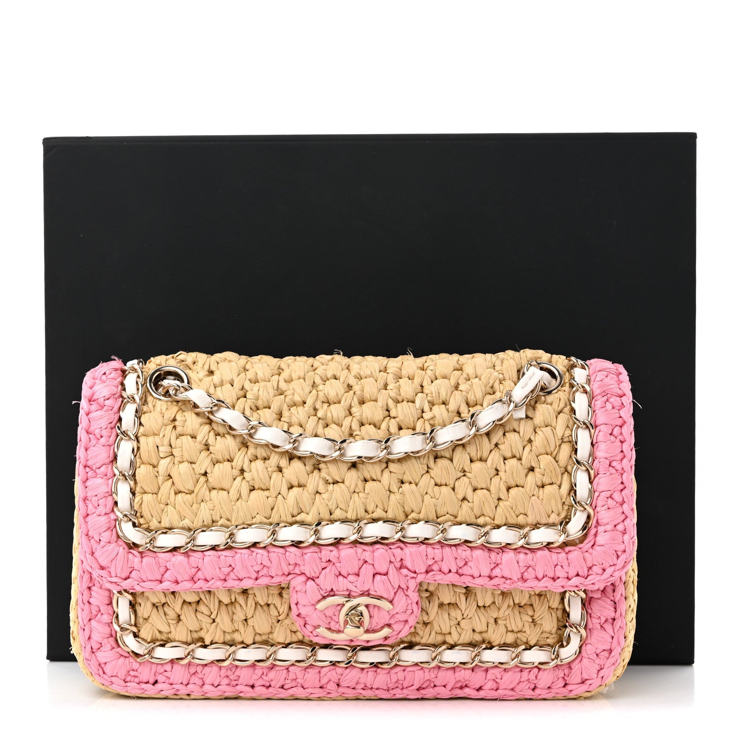 Raffia Chain Venice Beach Flap Bag Beige Pink