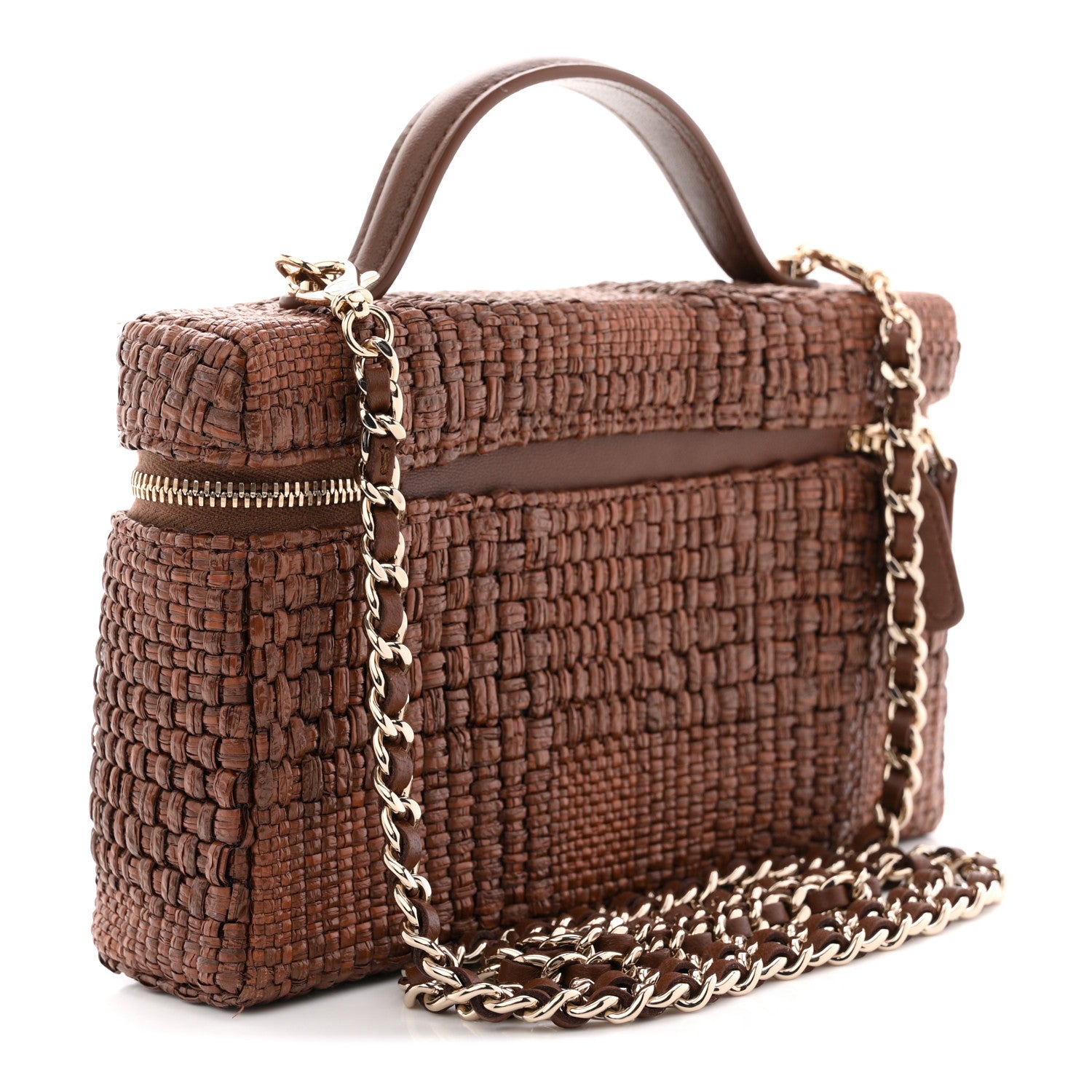 Braided Raffia Quilted Top Handle Slim Vanity With Chain Brown