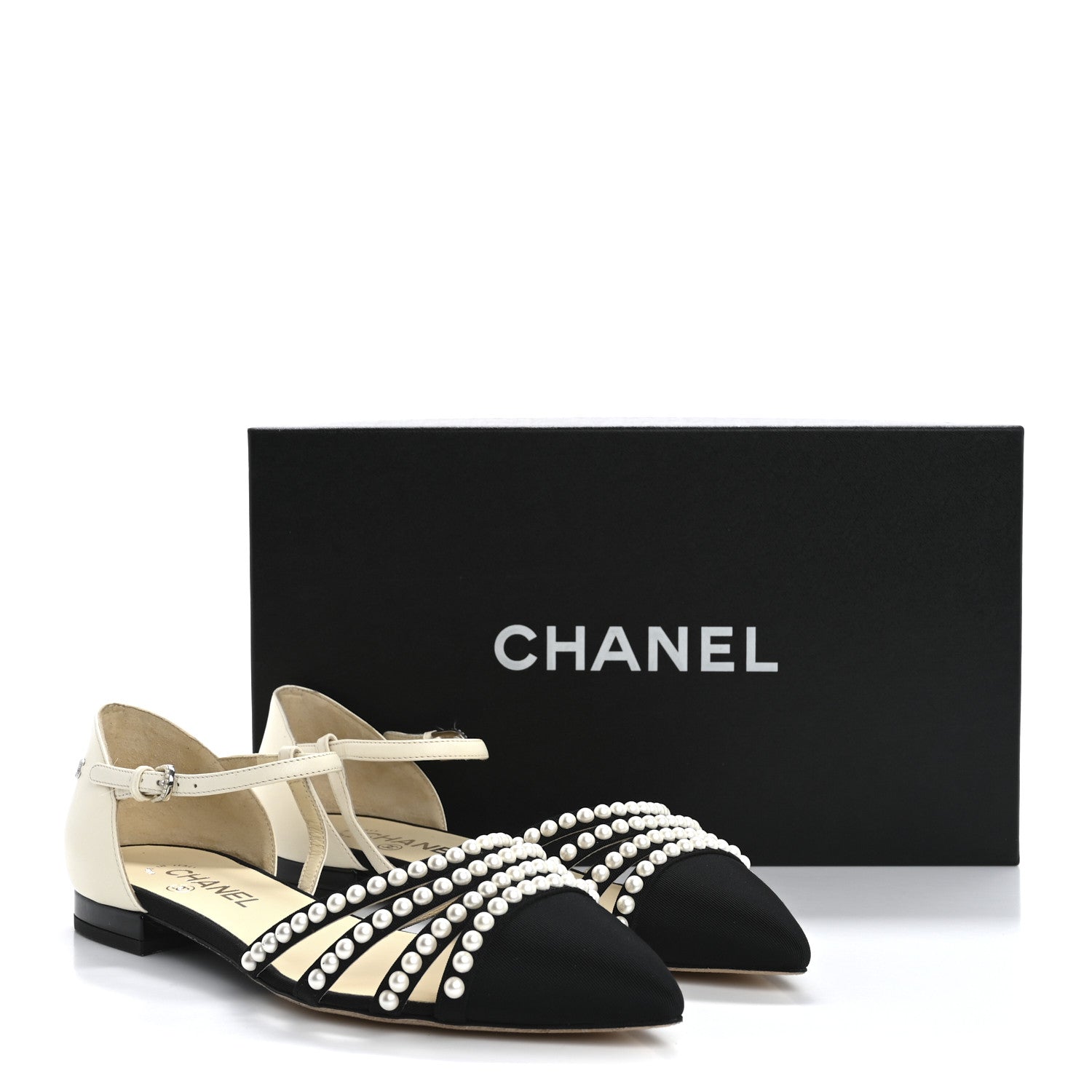Lambskin Grosgrain Pearl Slingbacks 38.5 White Black
