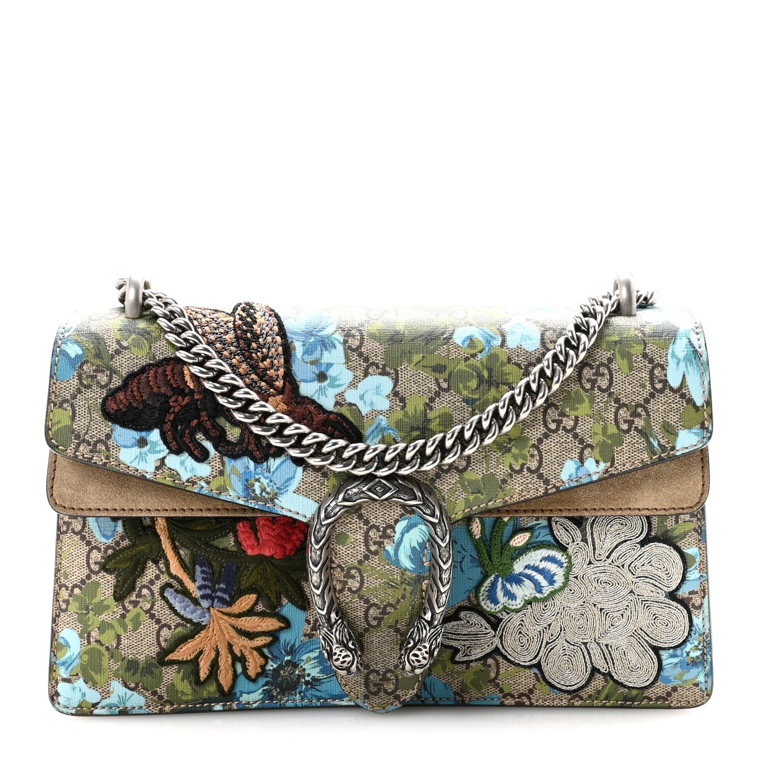 GG Supreme Monogram Blooms Print Embroidered Small Dionysus Shoulder Bag Blue Taupe