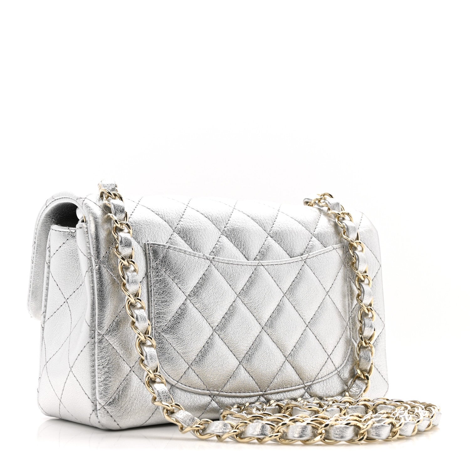 Metallic Calfskin Quilted Mini Rectangular Flap Silvery