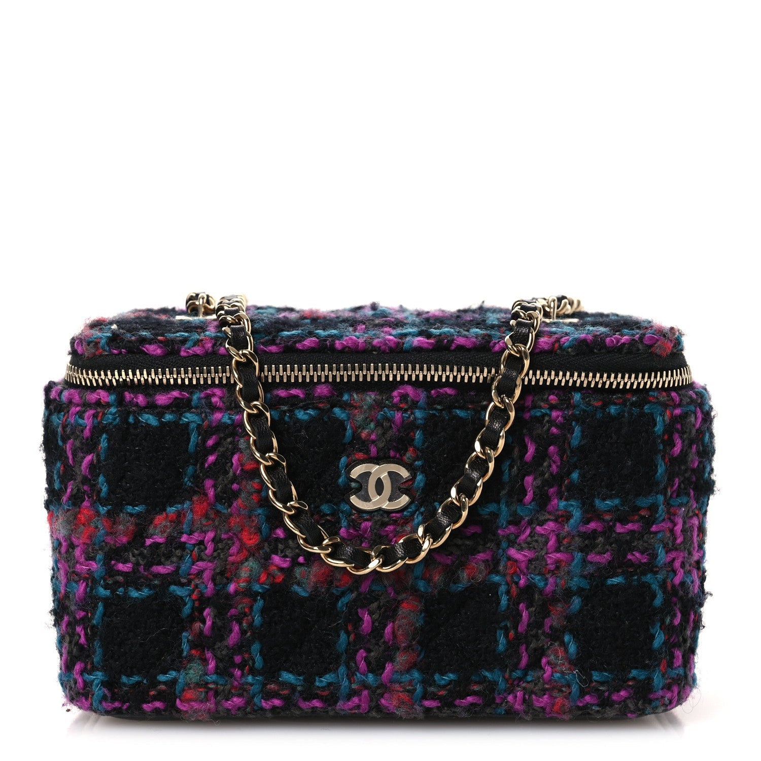 Tweed Quilted Small Vanity Case With Chain Black Purple Green Red
