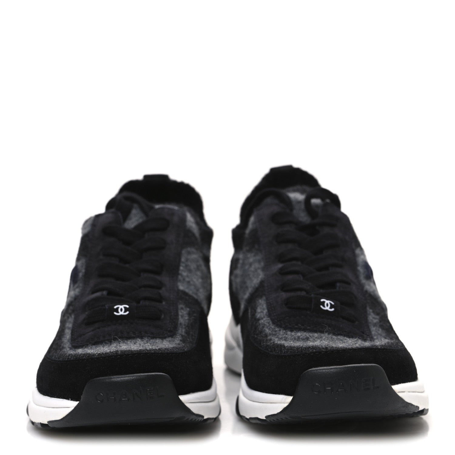 Knit Fabric Suede Calfskin Womens CC Sneakers 39 Black Grey