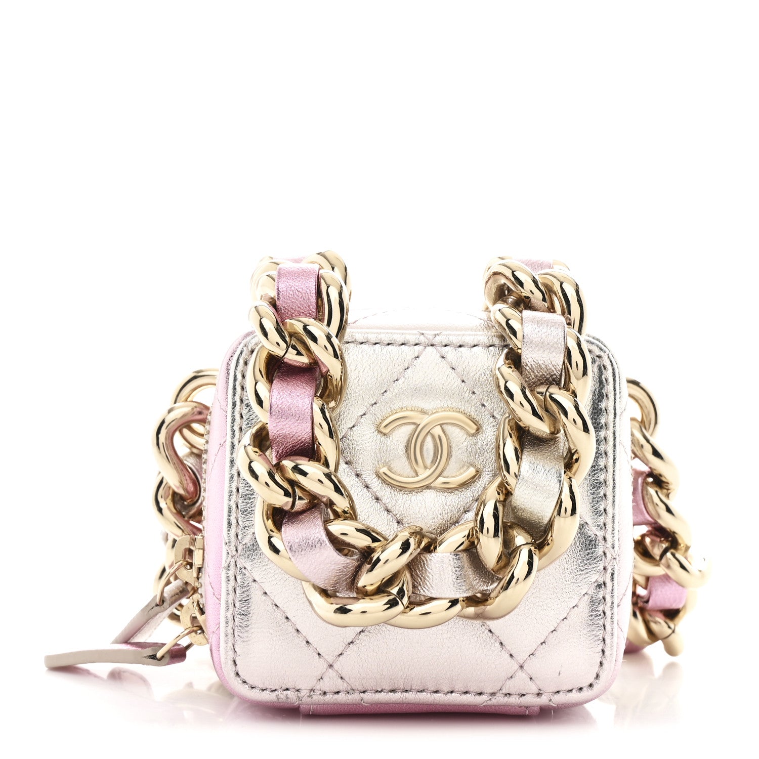 Gradient Metallic Lambskin Quilted Like A Wallet Clutch With Chain Gold Pink