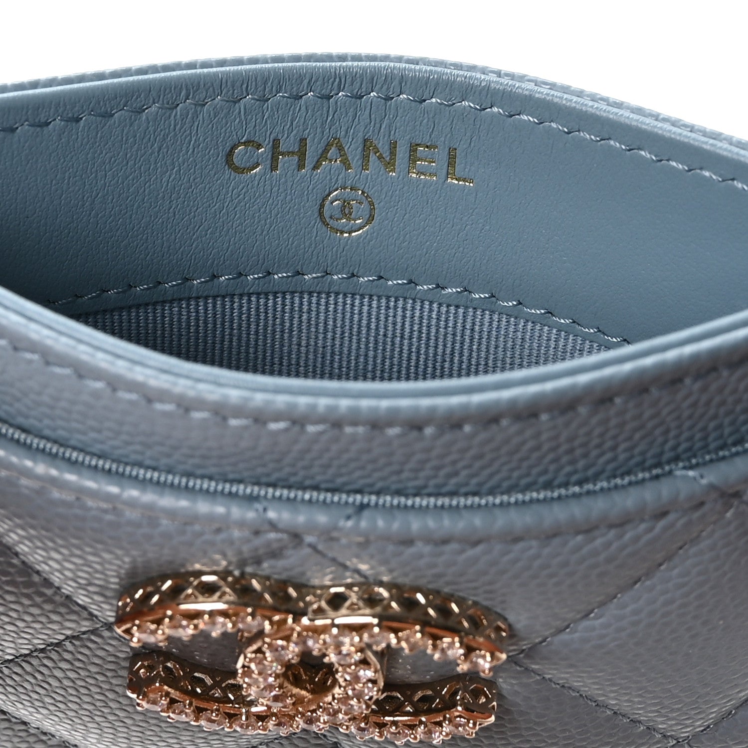 Caviar Quilted Crystal Card Holder Light Blue