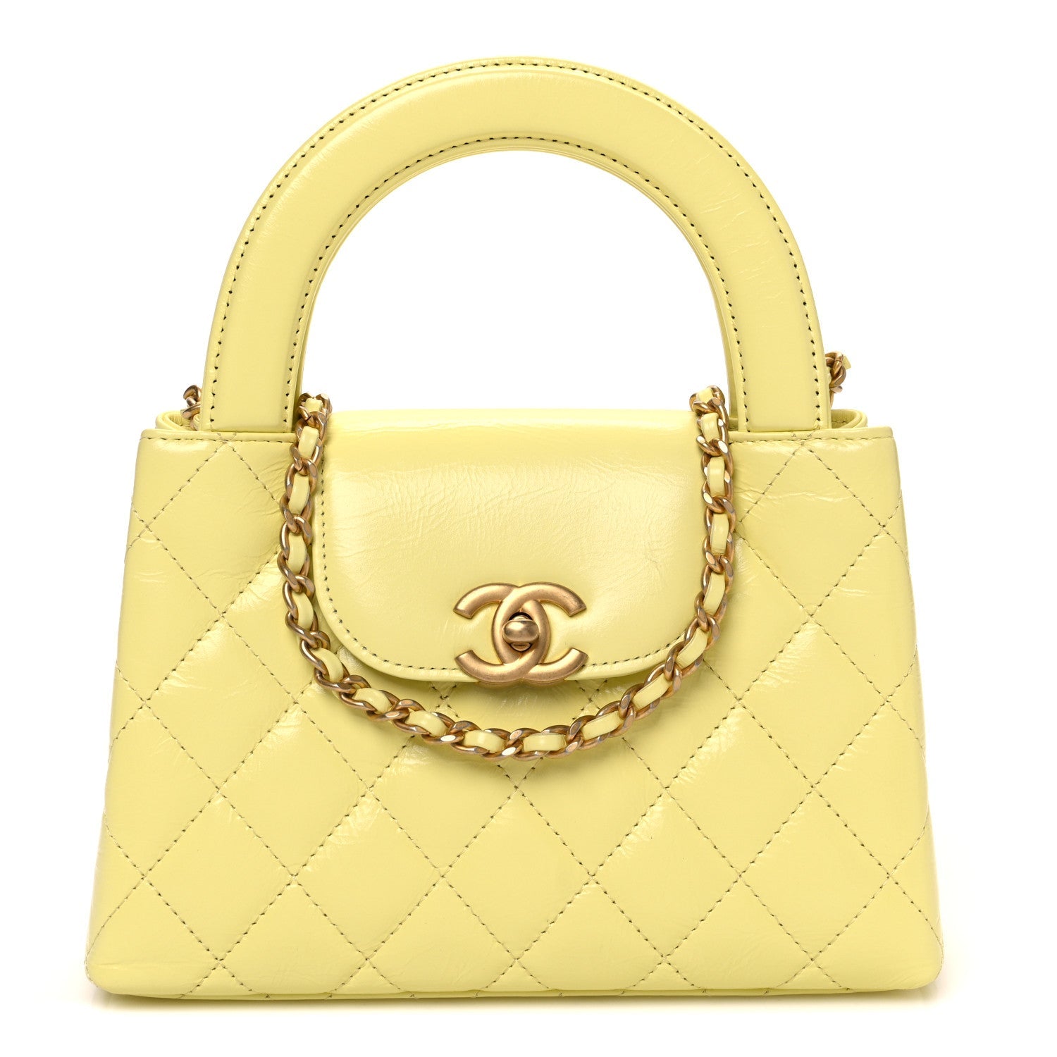 Shiny Aged Calfskin Quilted Nano Kelly Shopper Light Yellow