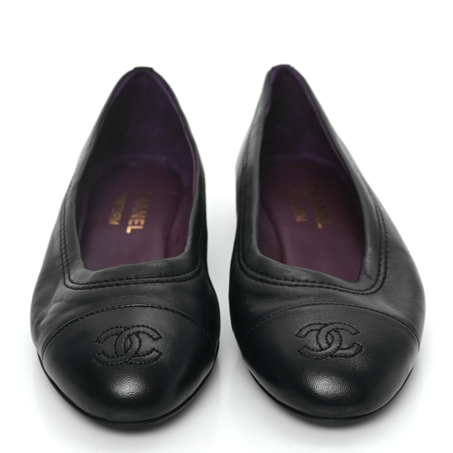 Lambskin Cap Toe CC Uniform Ballerina Flats 36.5 Black