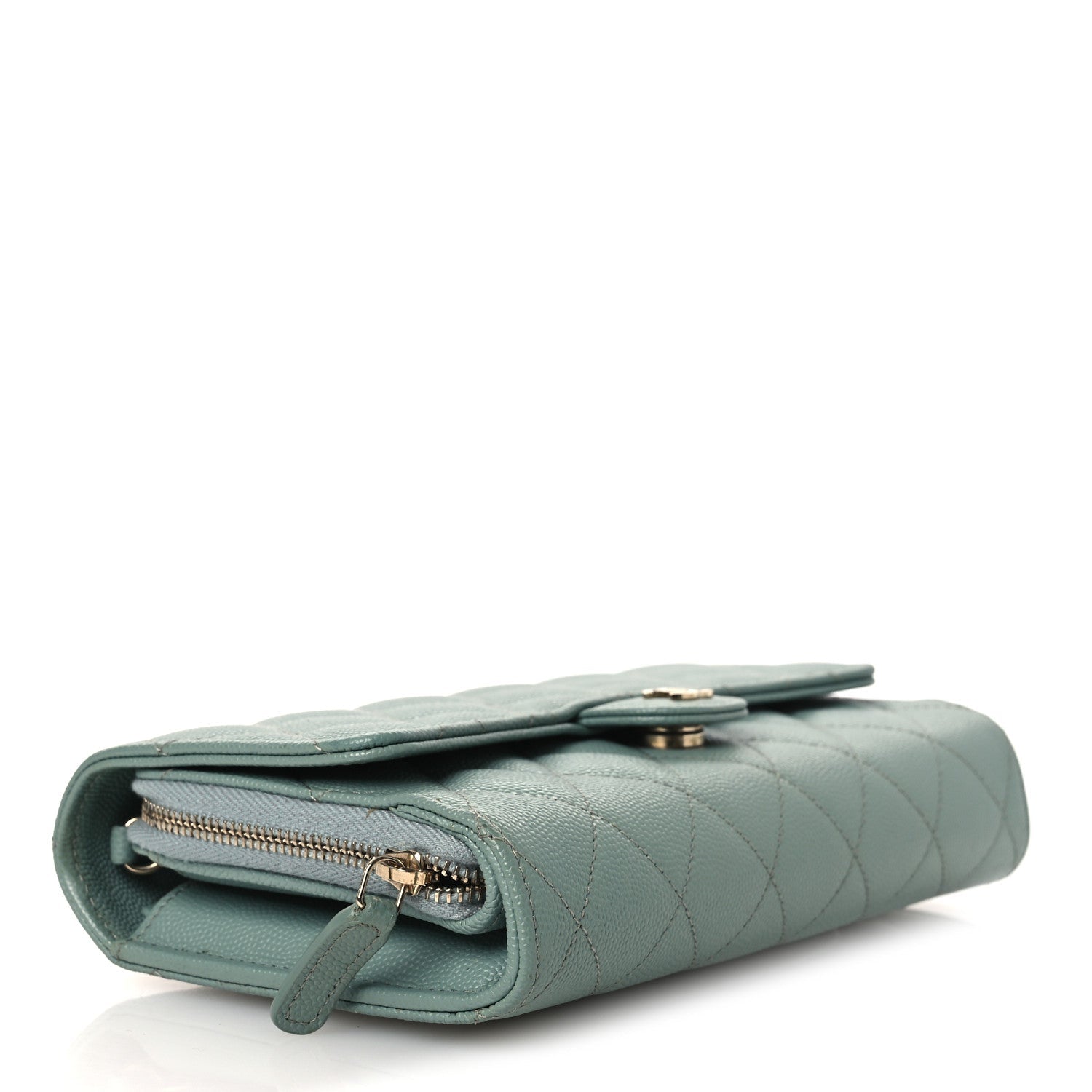Caviar Quilted Phone Holder Wallet on Removable Chain Light Blue